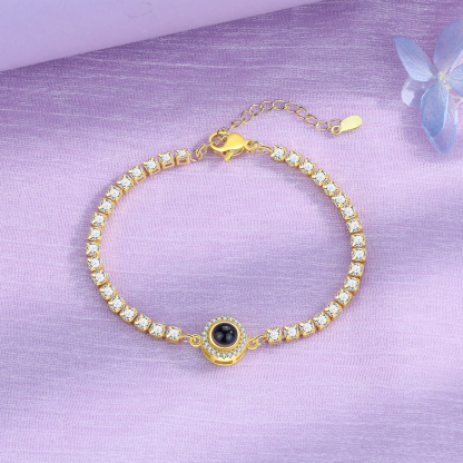 Personalisiertes Foto Rund schwarz-weißes-Foto Projektion Armband mit Zirkonia Kette