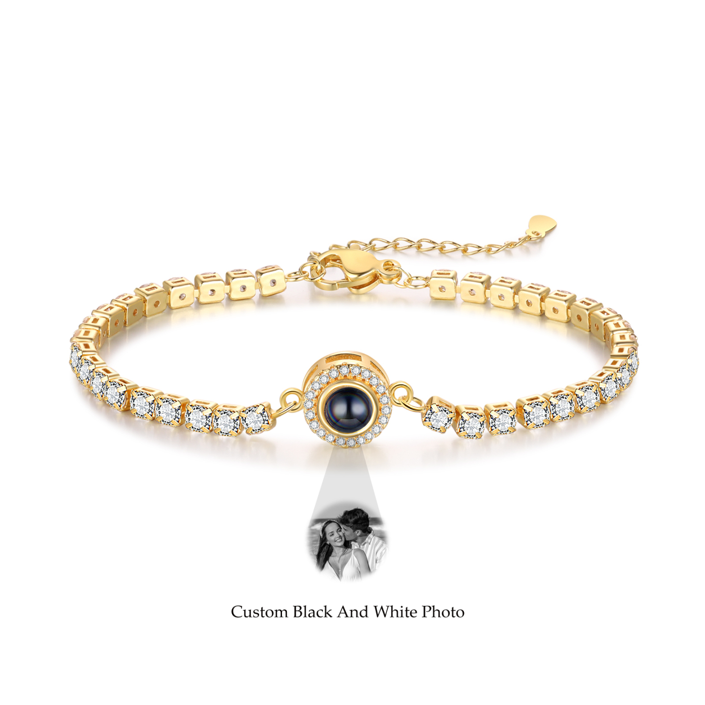 Personalisiertes Foto Rund schwarz-weißes-Foto Projektion Armband mit Zirkonia Kette