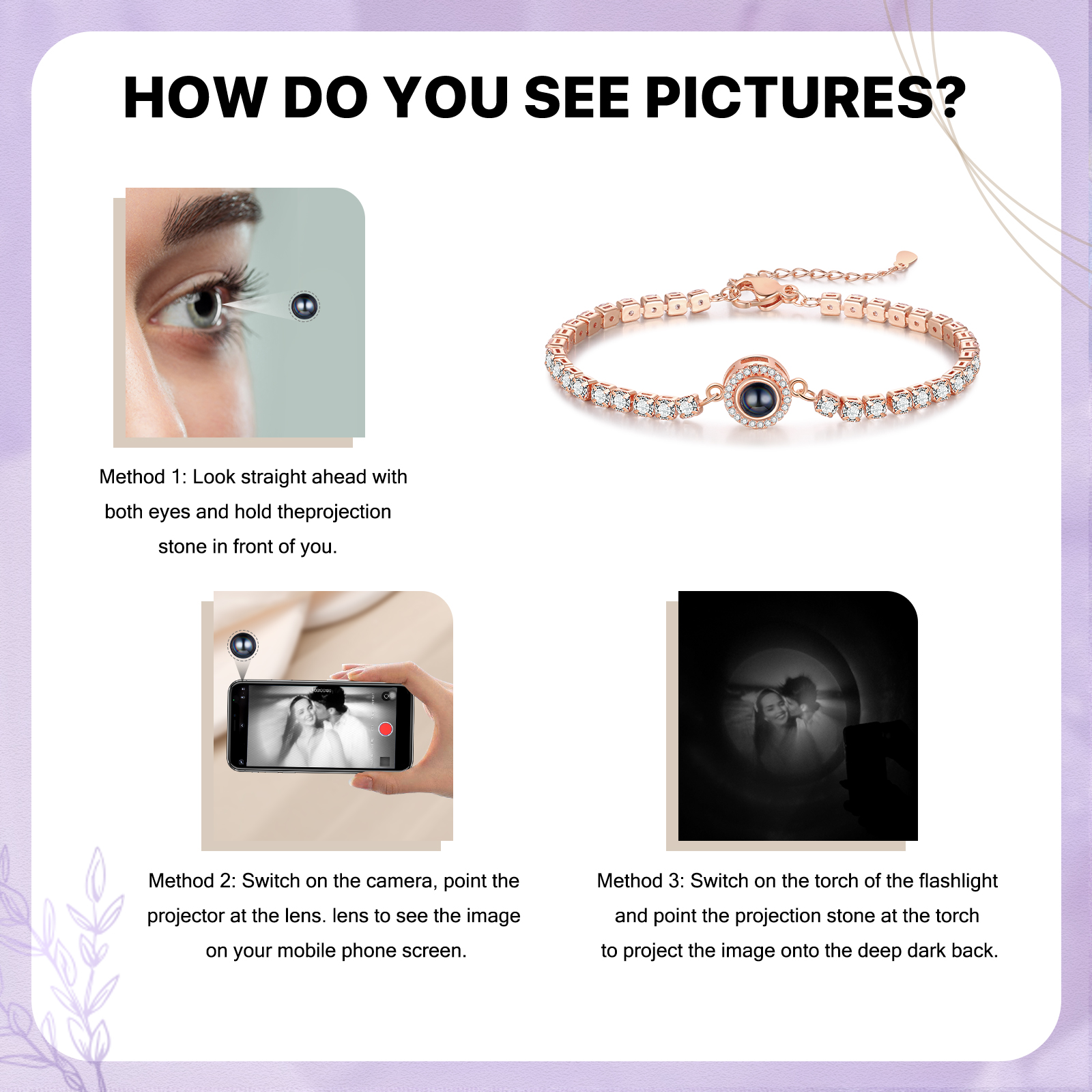 Personalisiertes Foto Rund schwarz-weißes-Foto Projektion Armband mit Zirkonia Kette