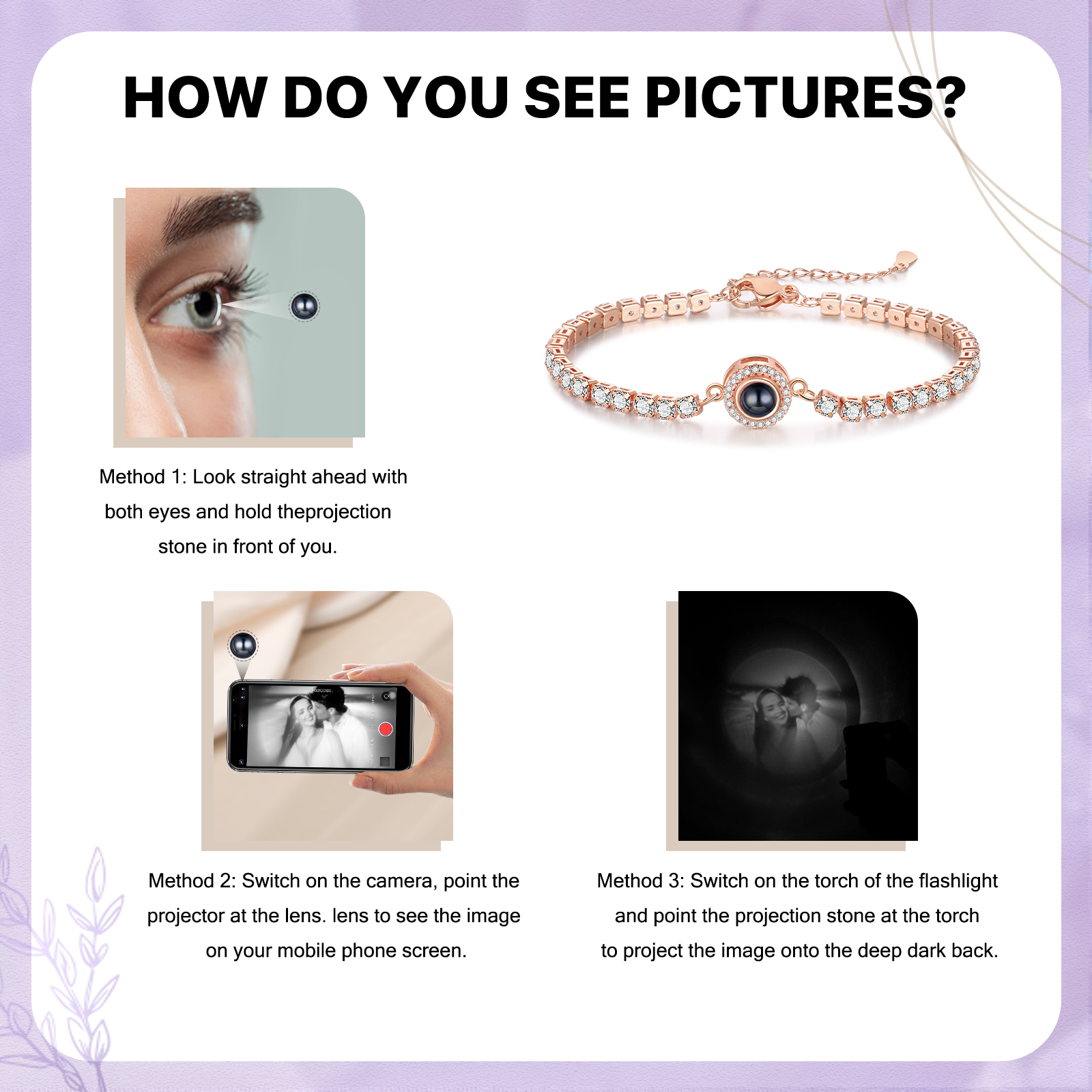 Personalisiertes Foto Rund schwarz-weißes-Foto Projektion Armband mit Zirkonia Kette