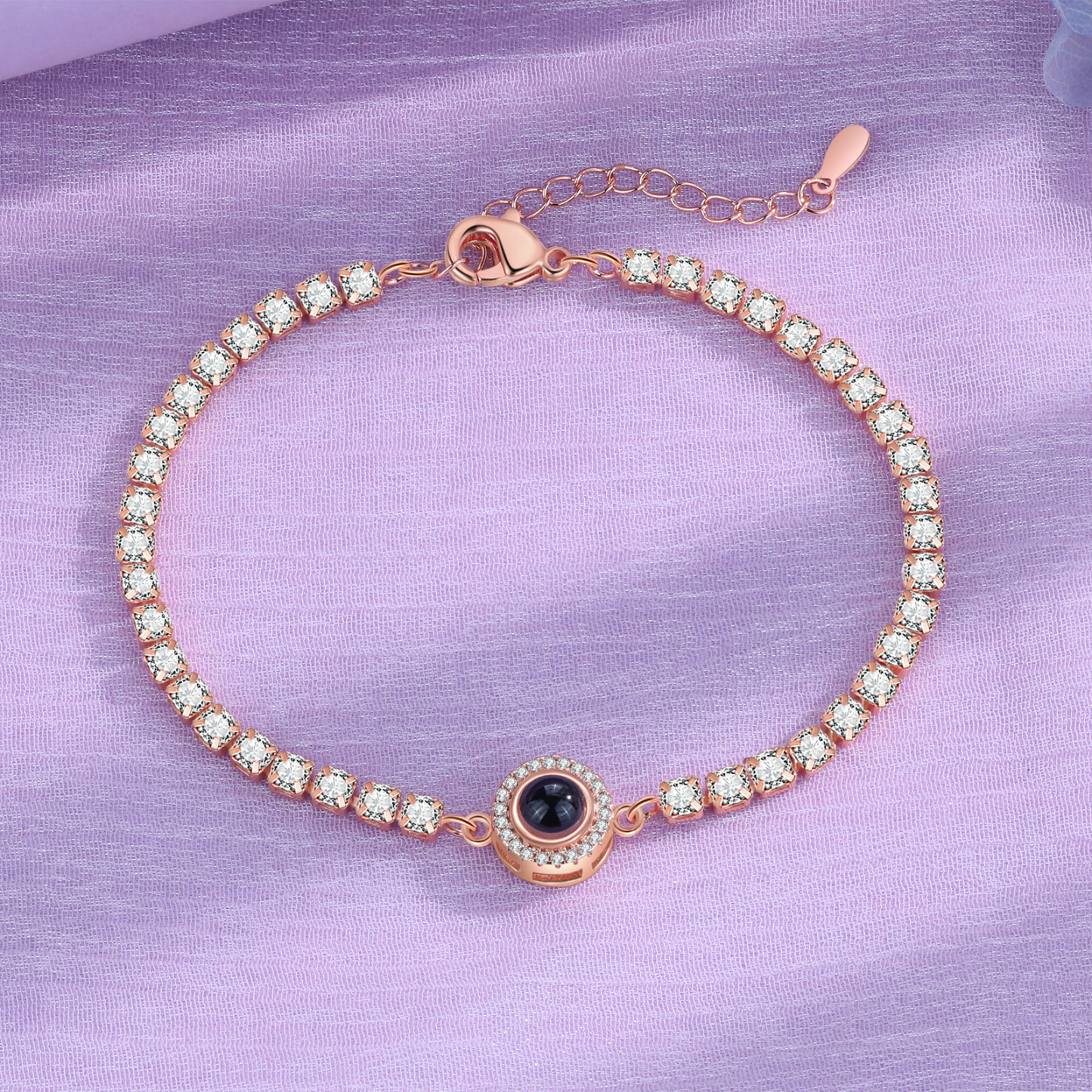 Personalisiertes Foto Rund schwarz-weißes-Foto Projektion Armband mit Zirkonia Kette