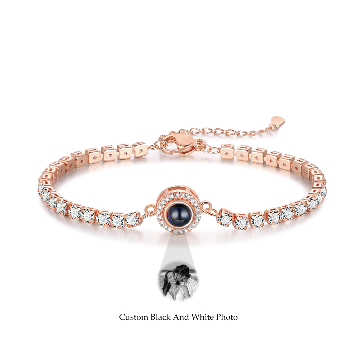 Personalisiertes Foto Rund schwarz-weißes-Foto Projektion Armband mit Zirkonia Kette