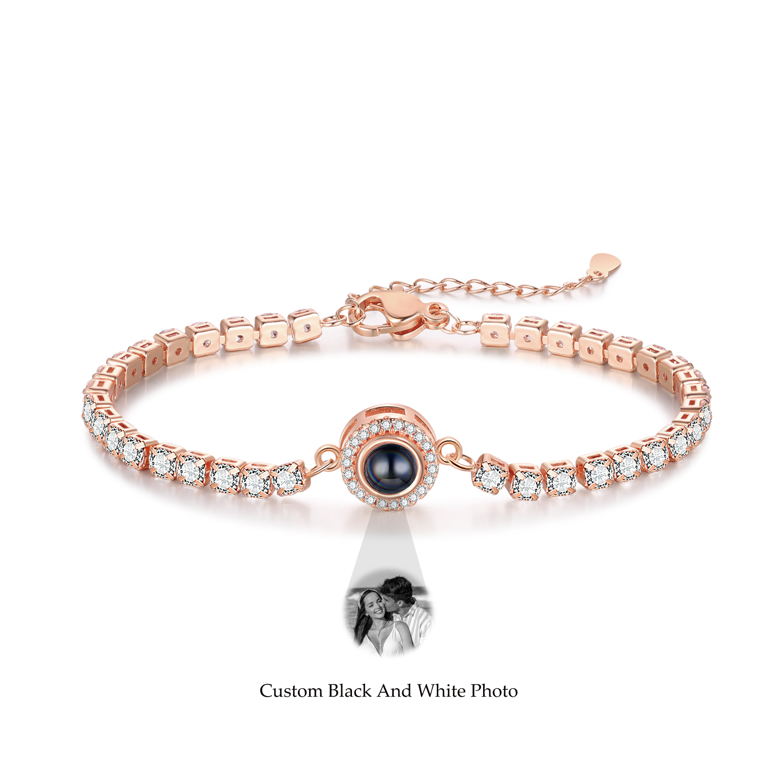 Personalisiertes Foto Rund schwarz-weißes-Foto Projektion Armband mit Zirkonia Kette