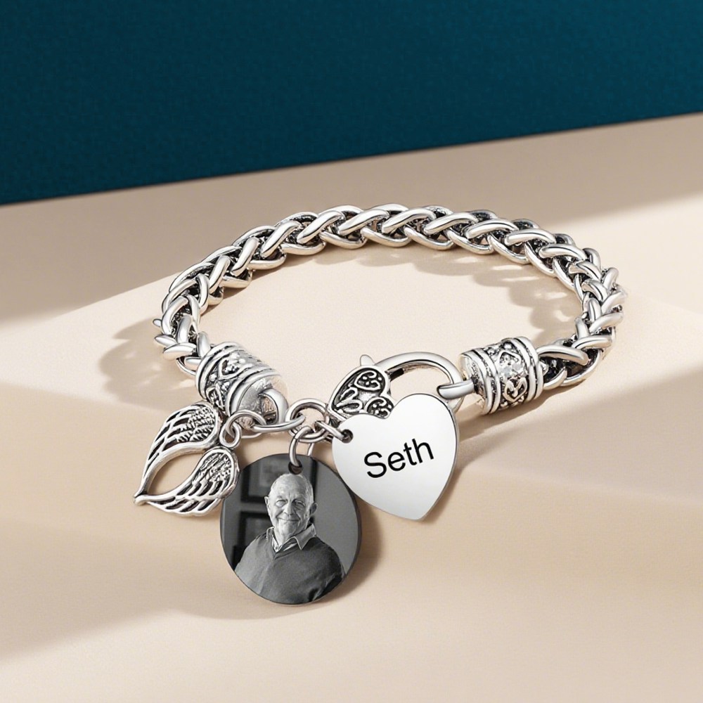 Personalisierter Name & Foto Edelstahl Armband -Ich werde dich bei mir tragen bis ich dich wiedersehe- Andenken Geschenk mit Nachrichtenkarte