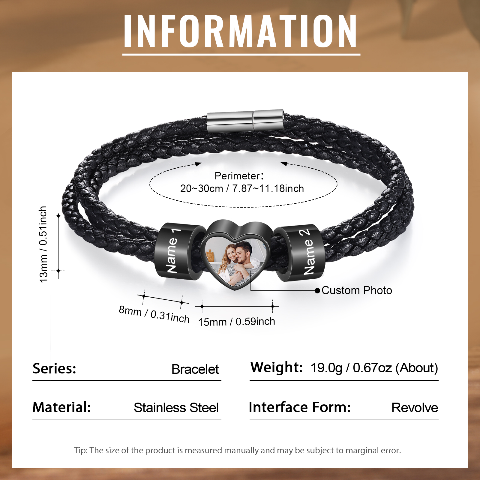 Personalisiertes Herren 2-6 Namen & Foto Herz Leder Armband