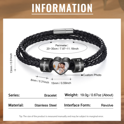 Personalisiertes Herren 2-6 Namen & Foto Herz Leder Armband