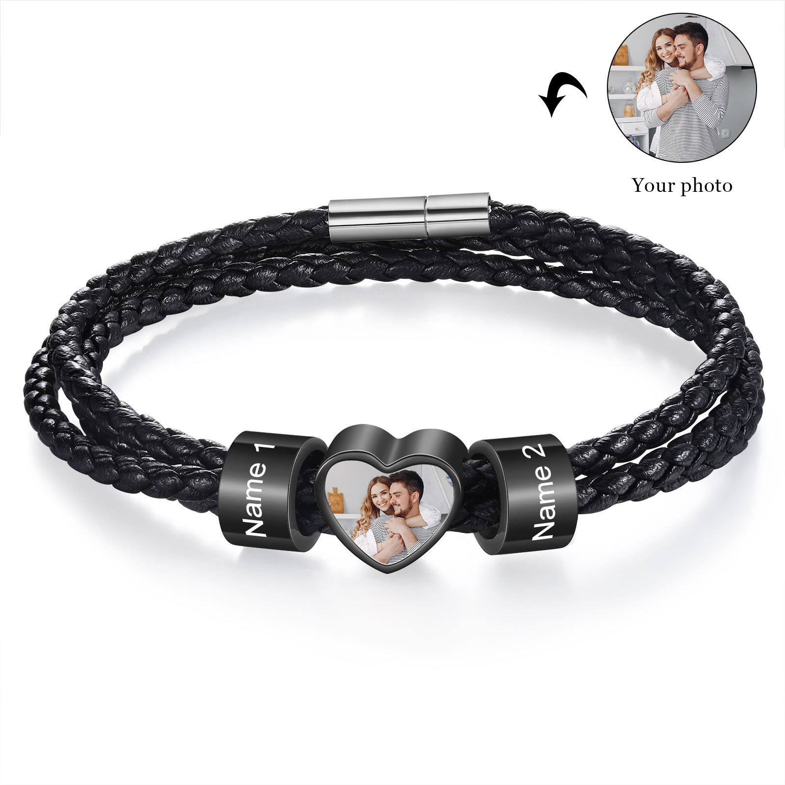 Personalisiertes Herren 2-6 Namen & Foto Herz Leder Armband