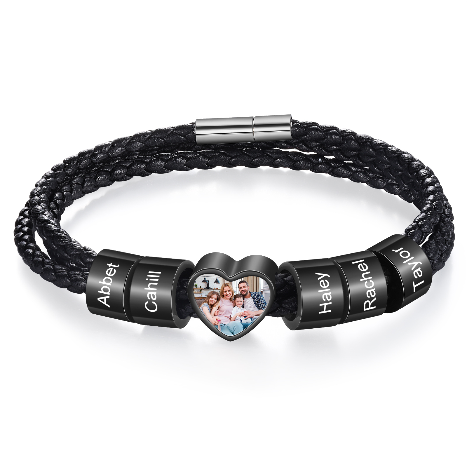 Personalisiertes Herren 2-6 Namen & Foto Herz Leder Armband