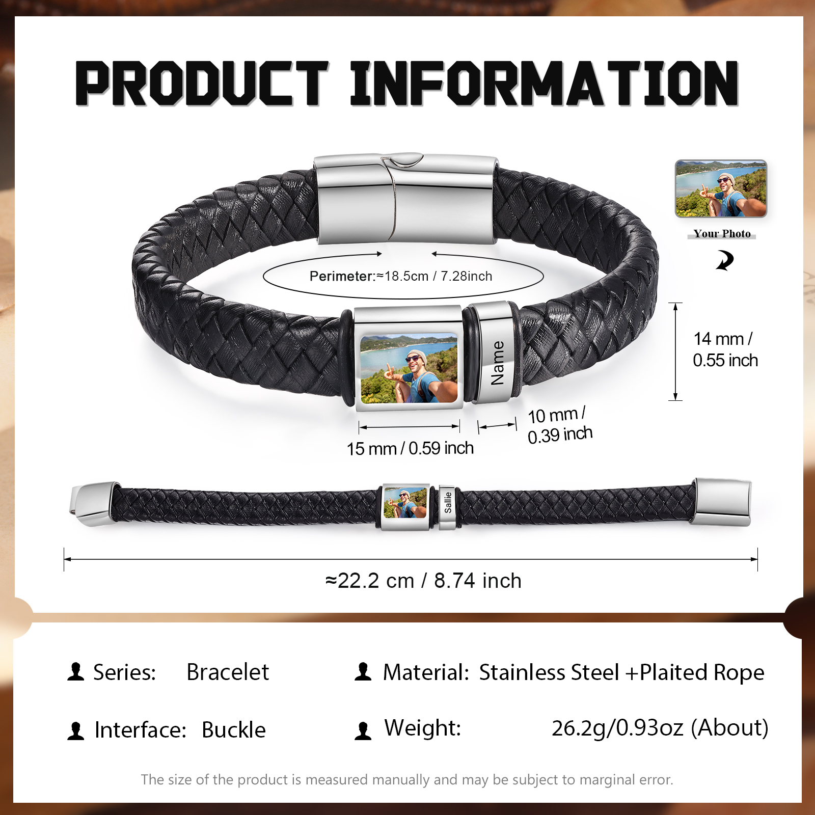 Herren Schmuck – Personalisiertes 1 Foto & 1 Name Leder Armband – Einzigartiges Geschenk