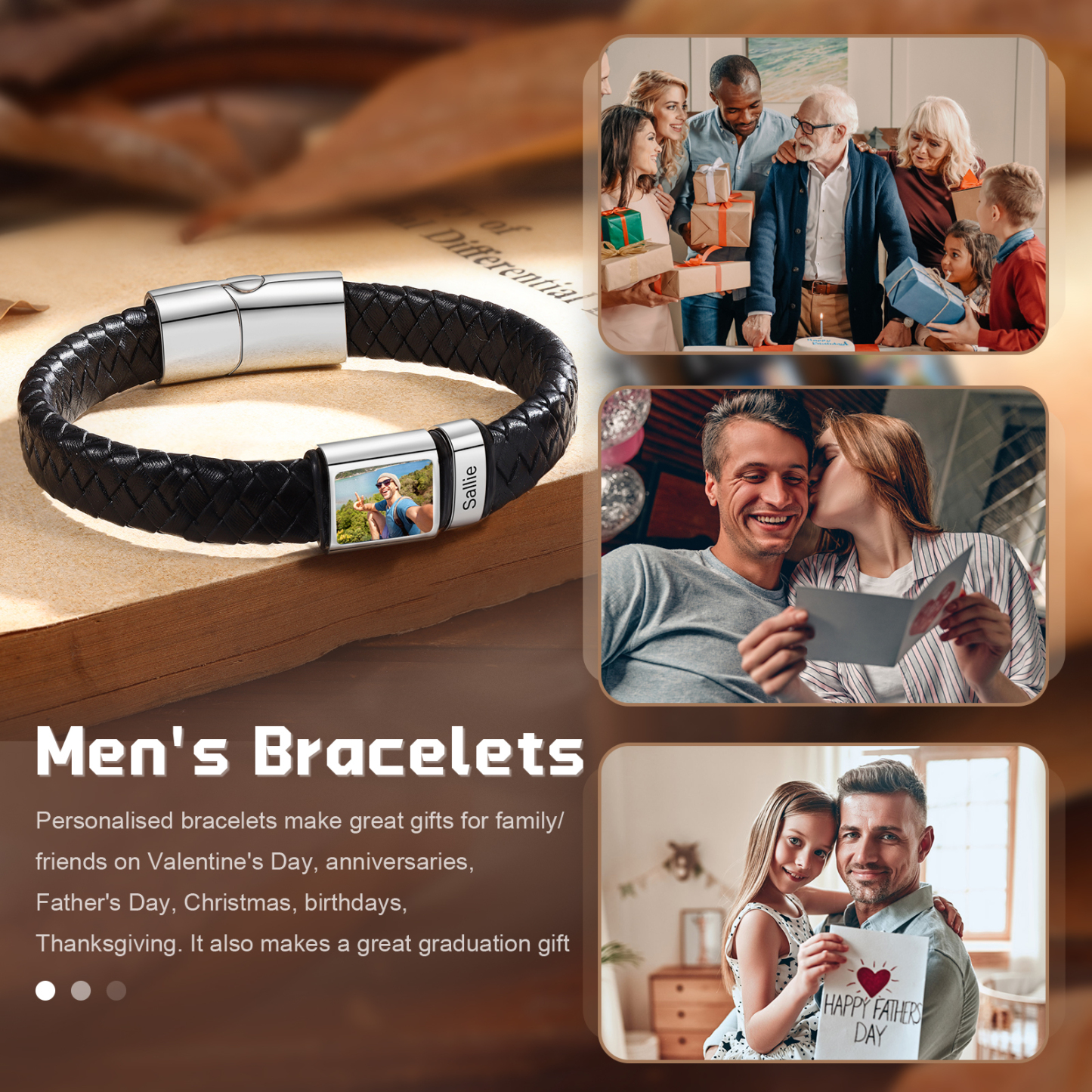 Herren Schmuck – Personalisiertes 1 Foto & 1 Name Leder Armband – Einzigartiges Geschenk