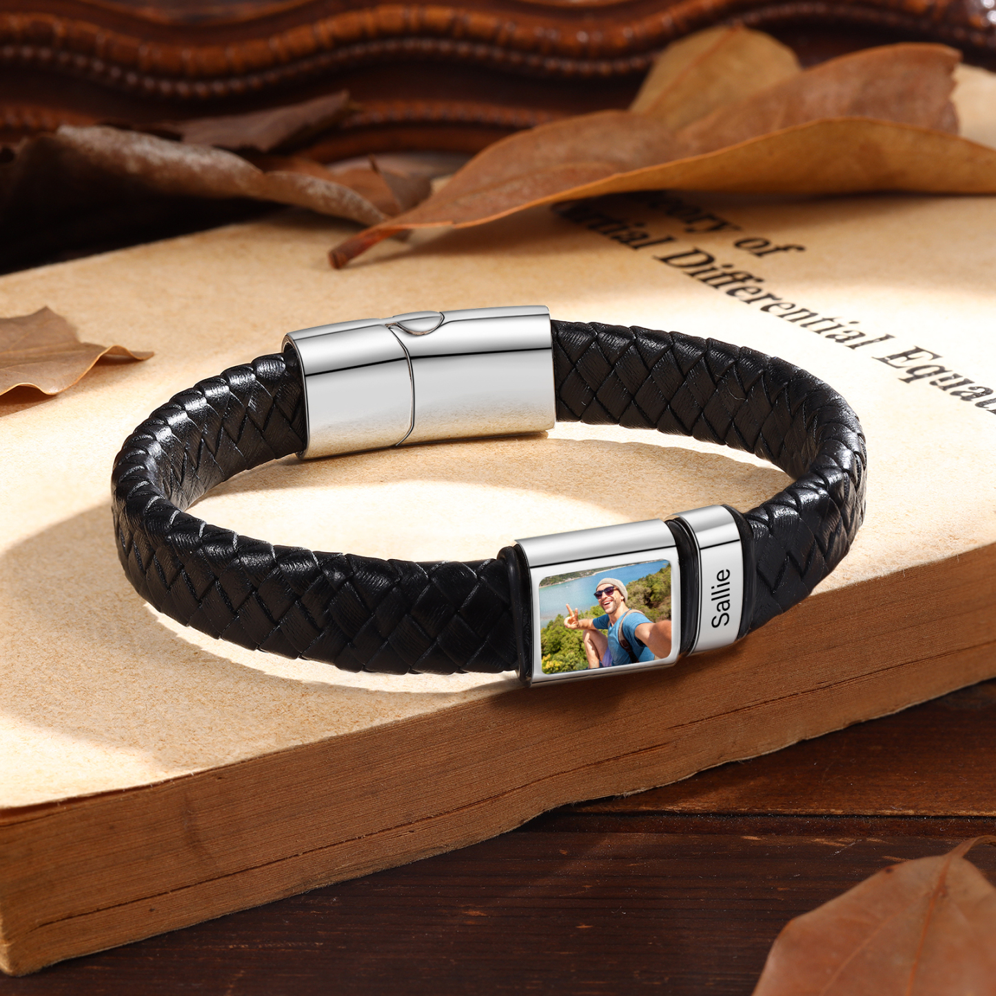 Herren Schmuck – Personalisiertes 1 Foto & 1 Name Leder Armband – Einzigartiges Geschenk