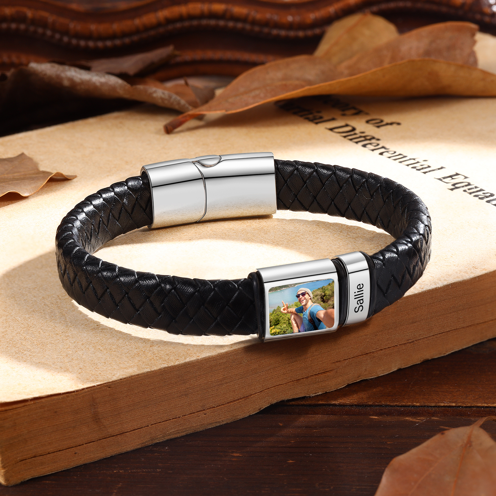 Herren Schmuck – Personalisiertes 1 Foto & 1 Name Leder Armband – Einzigartiges Geschenk