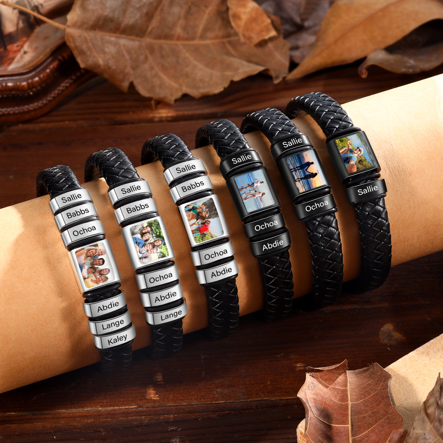 Herren Schmuck – Personalisiertes 1 Foto & 6 Namen Leder Armband – Einzigartiges Geschenk