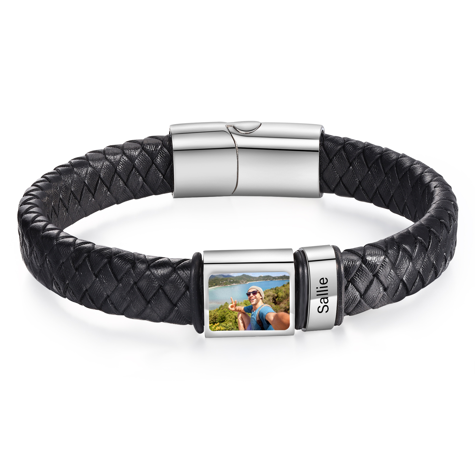 Herren Schmuck – Personalisiertes 1 Foto & 1 Name Leder Armband – Einz