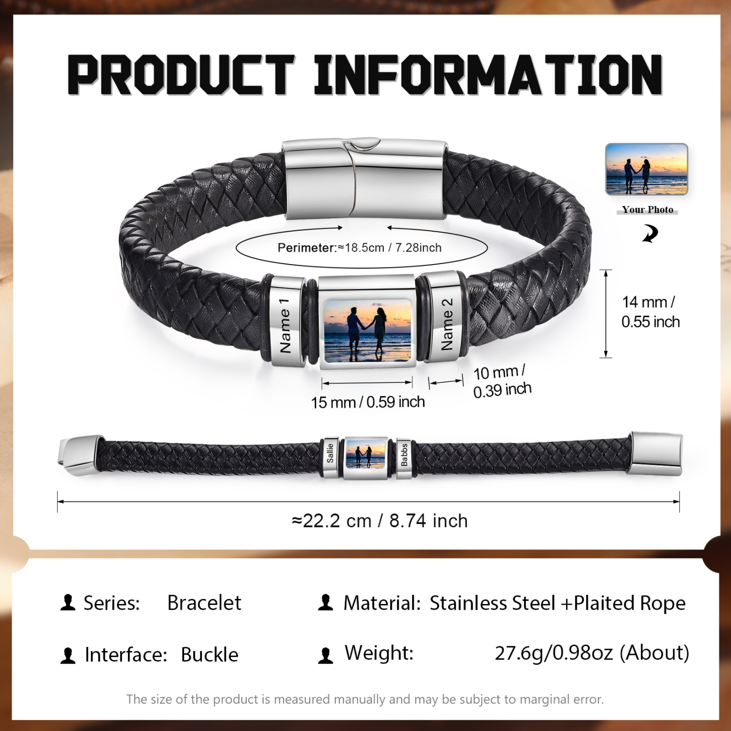 Herren Schmuck – Personalisiertes 1 Foto & 2 Namen Leder Armband – Einzigartiges Geschenk
