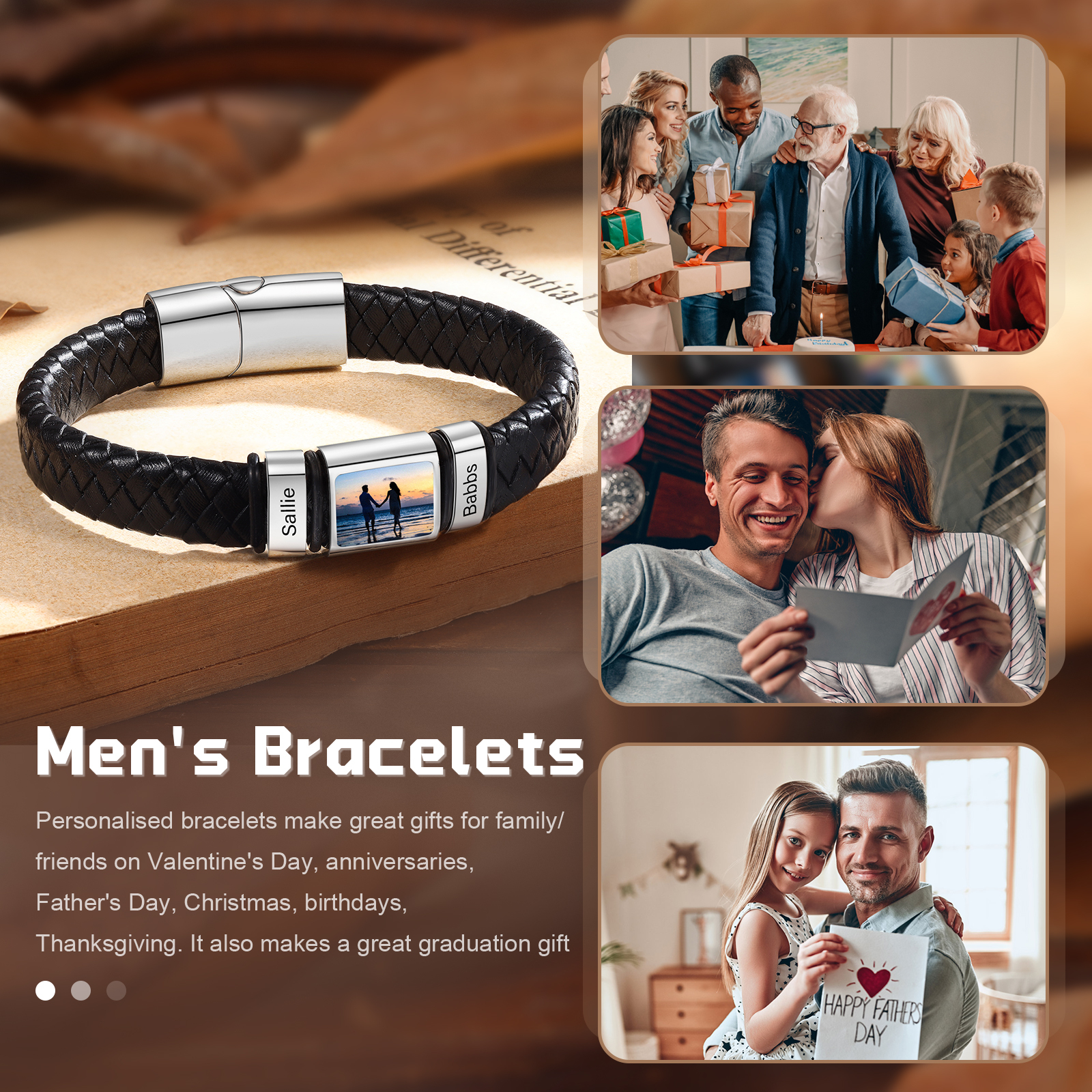 Herren Schmuck – Personalisiertes 1 Foto & 2 Namen Leder Armband – Einzigartiges Geschenk