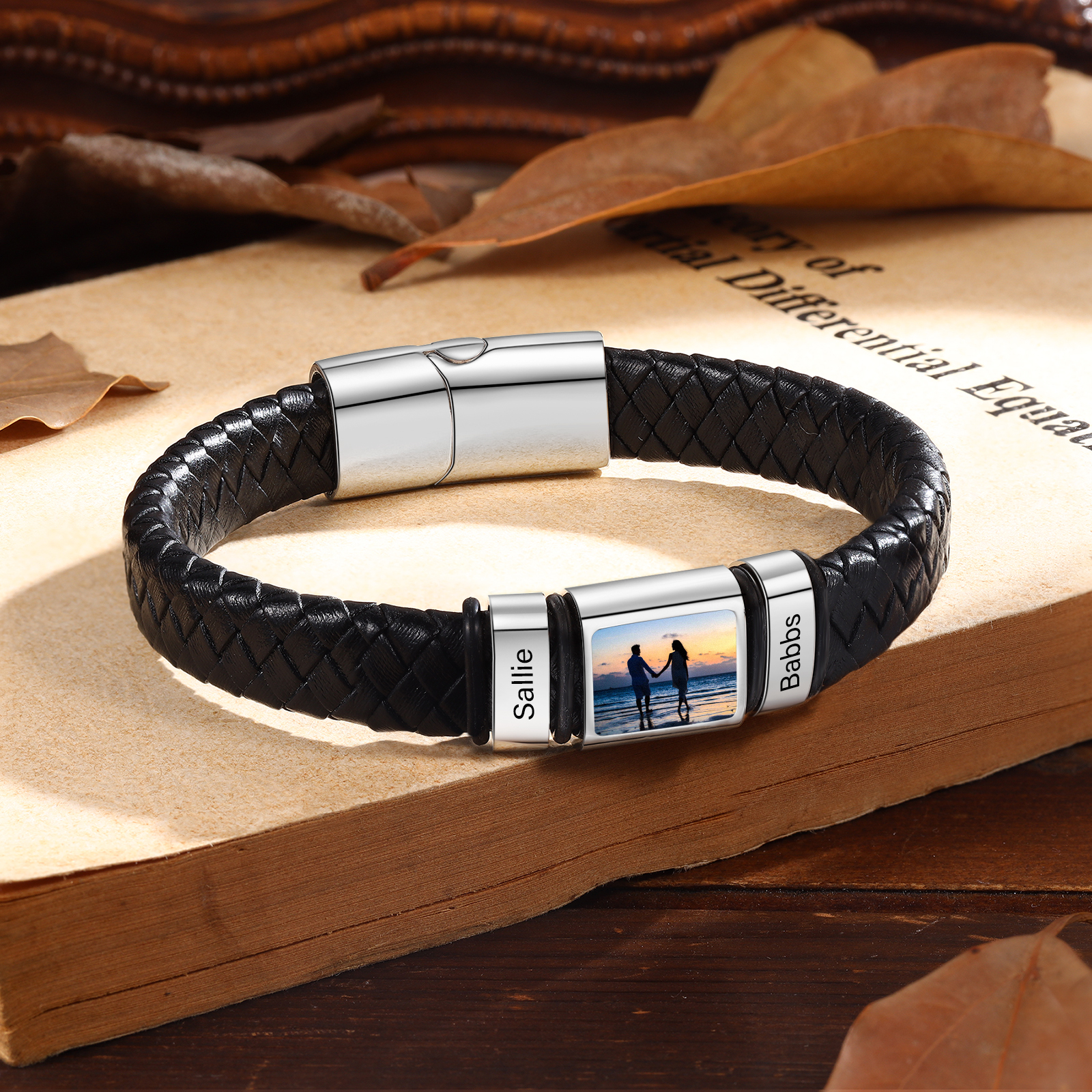 Herren Schmuck – Personalisiertes 1 Foto & 2 Namen Leder Armband – Einzigartiges Geschenk