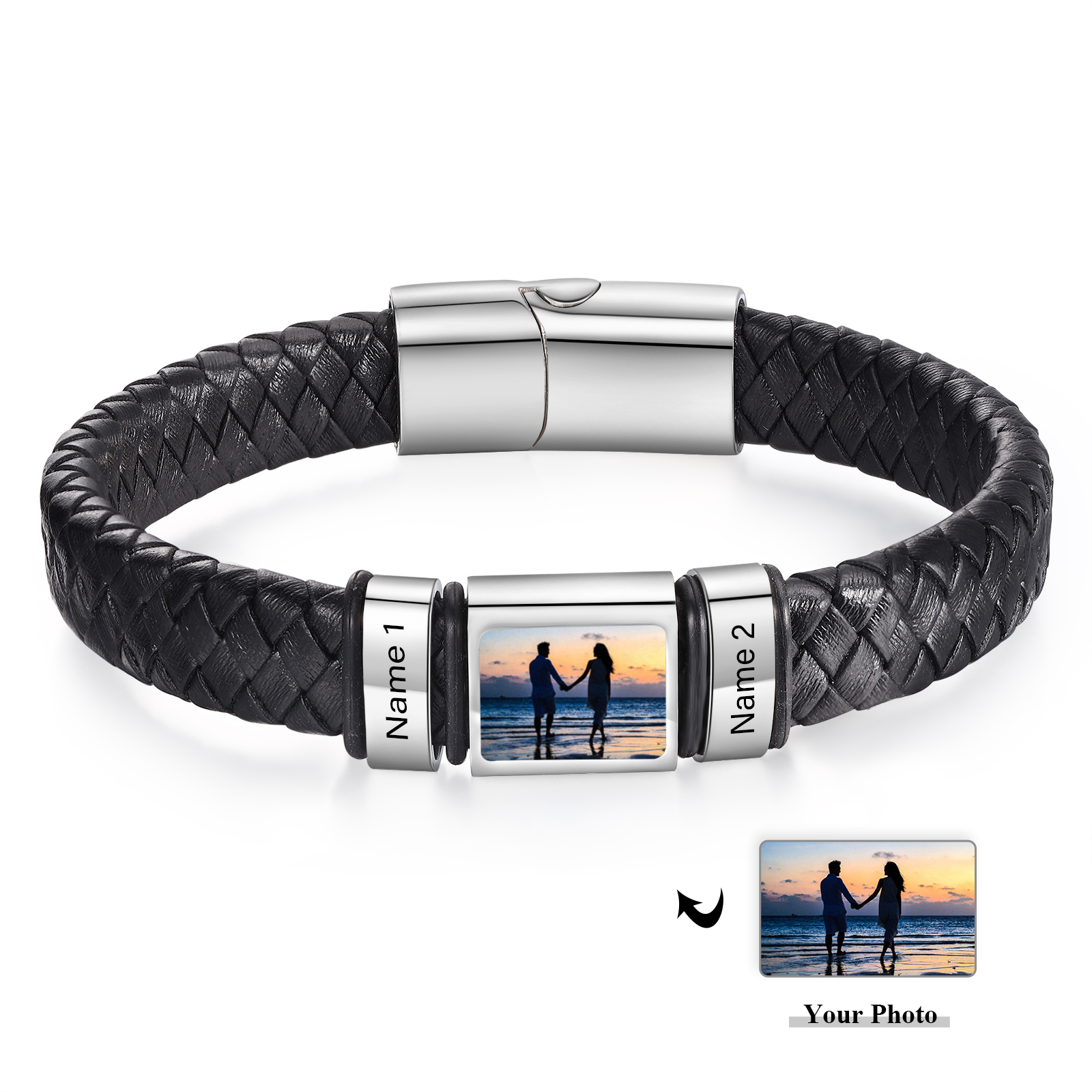Herren Schmuck – Personalisiertes 1 Foto & 2 Namen Leder Armband – Einzigartiges Geschenk