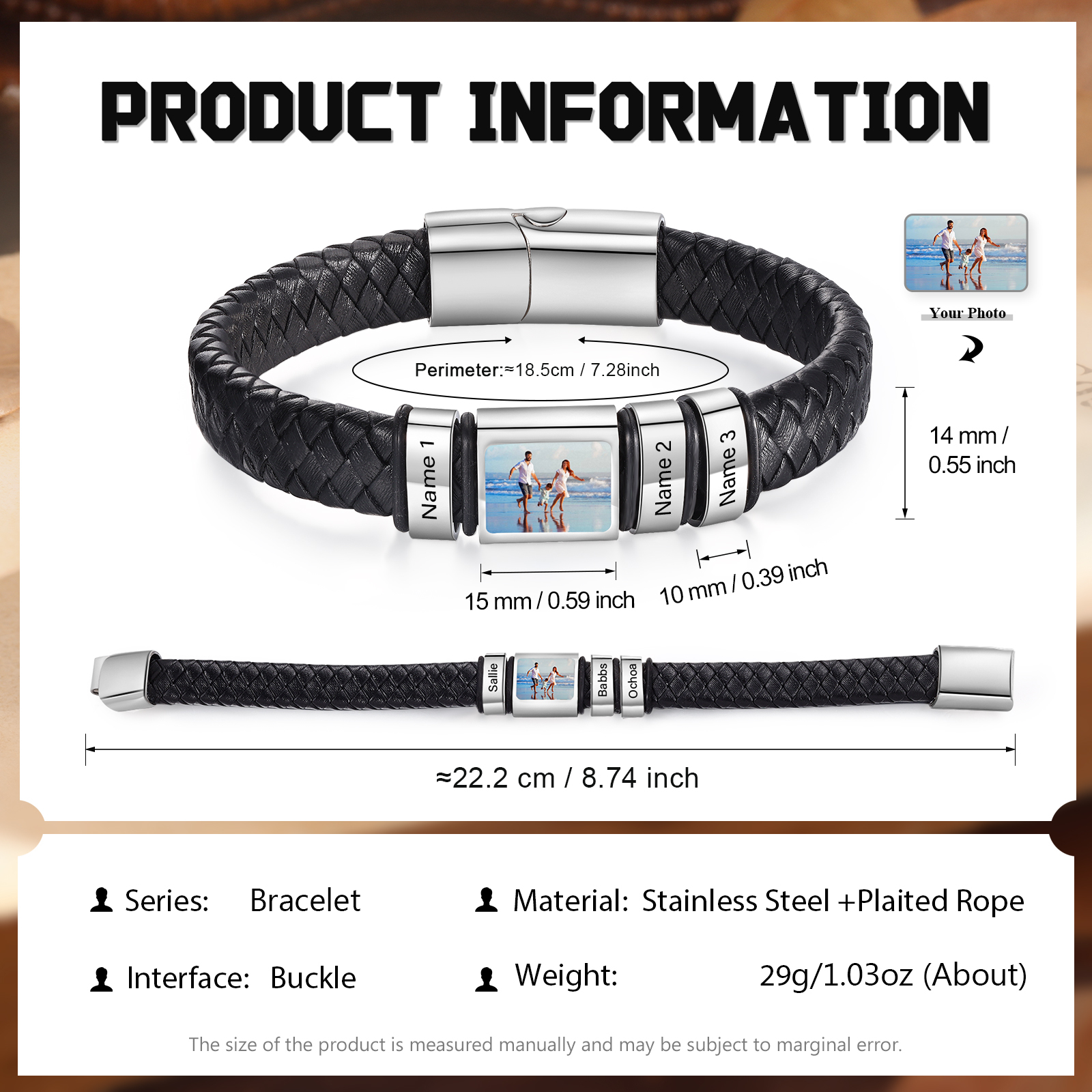 [Copy]Herren Schmuck – Personalisiertes 1 Foto & 3 Namen Leder Armband – Einzigartiges Geschenk