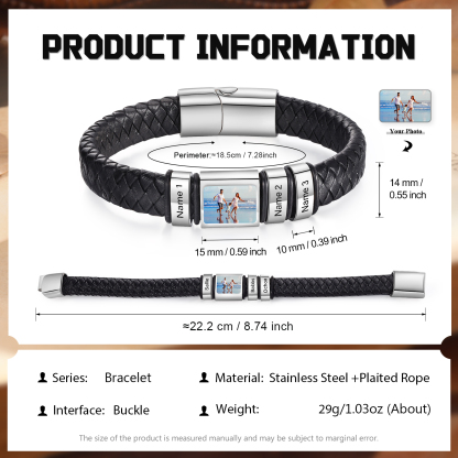 [Copy]Herren Schmuck – Personalisiertes 1 Foto & 3 Namen Leder Armband – Einzigartiges Geschenk