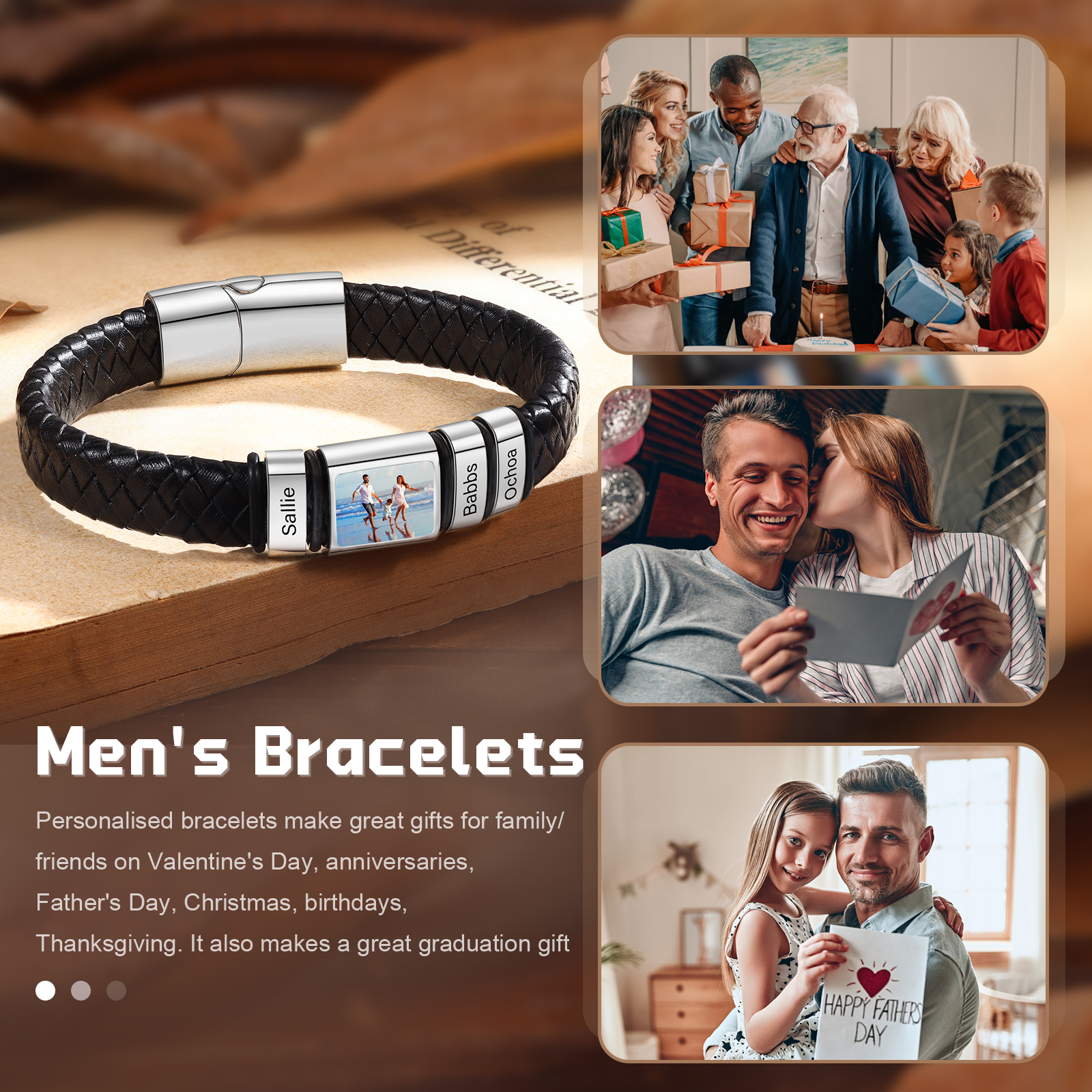 [Copy]Herren Schmuck – Personalisiertes 1 Foto & 3 Namen Leder Armband – Einzigartiges Geschenk