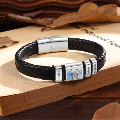 [Copy]Herren Schmuck – Personalisiertes 1 Foto & 3 Namen Leder Armband – Einzigartiges Geschenk