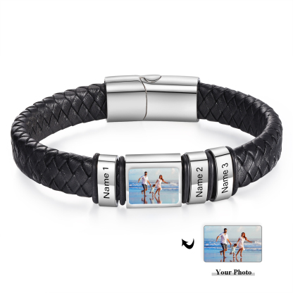 [Copy]Herren Schmuck – Personalisiertes 1 Foto & 3 Namen Leder Armband – Einzigartiges Geschenk