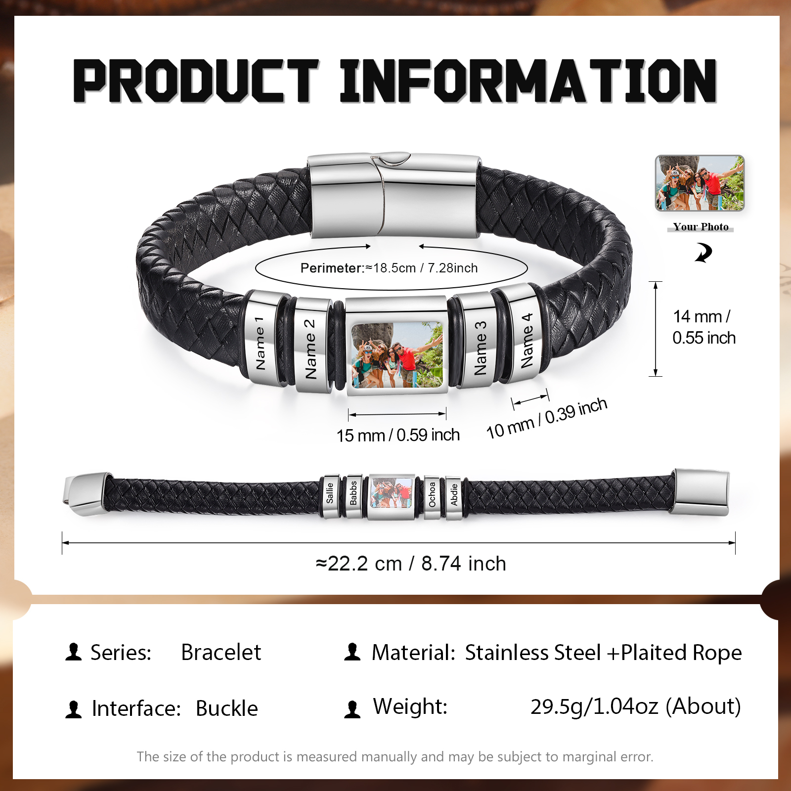 Herren Schmuck – Personalisiertes 1 Foto & 4 Namen Leder Armband – Einzigartiges Geschenk