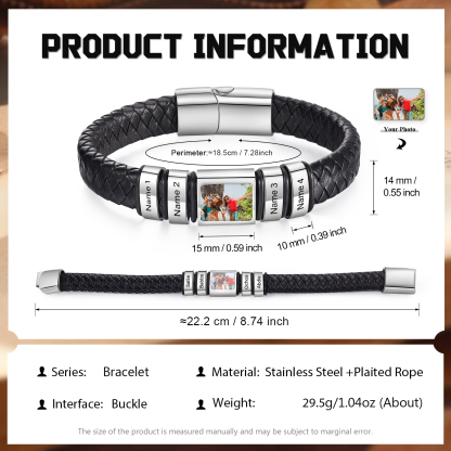 Herren Schmuck – Personalisiertes 1 Foto & 4 Namen Leder Armband – Einzigartiges Geschenk