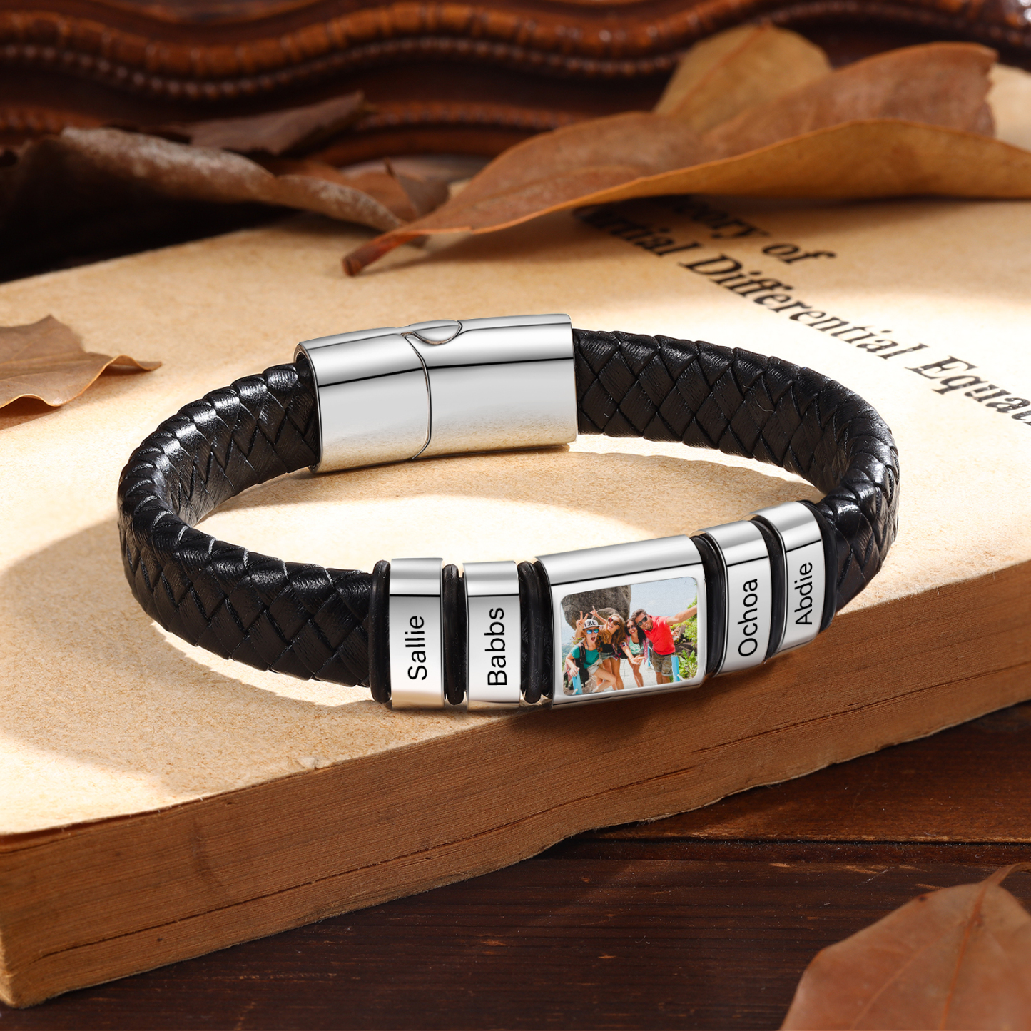 Herren Schmuck – Personalisiertes 1 Foto & 4 Namen Leder Armband – Einzigartiges Geschenk