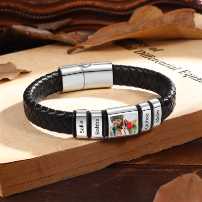 Herren Schmuck – Personalisiertes 1 Foto & 4 Namen Leder Armband – Einzigartiges Geschenk