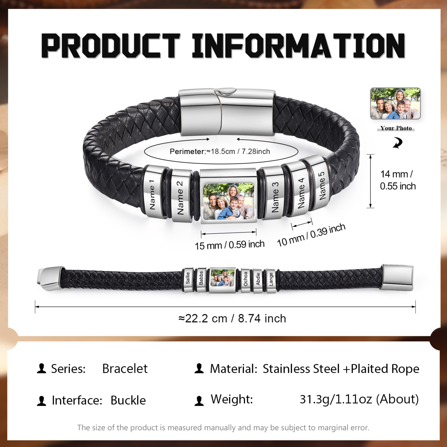 Herren Schmuck – Personalisiertes 1 Foto & 5 Namen Leder Armband – Einzigartiges Geschenk
