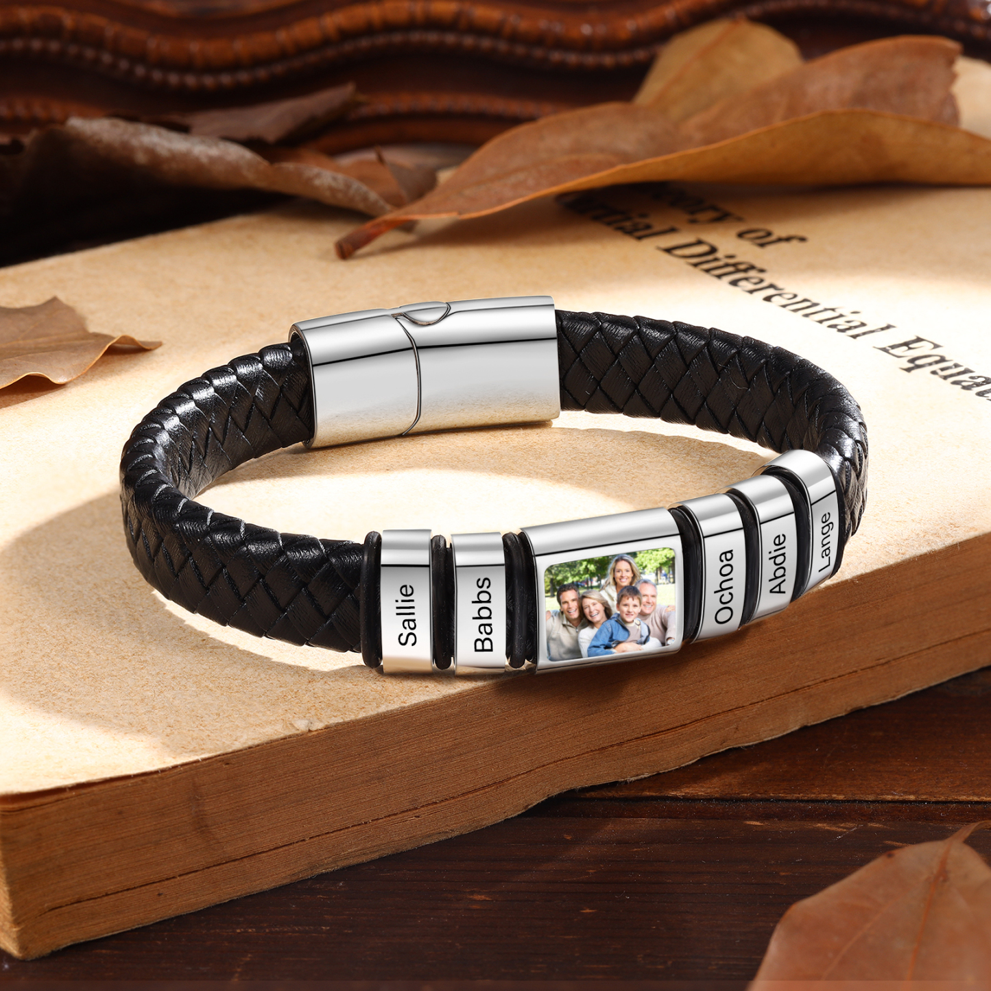 Herren Schmuck – Personalisiertes 1 Foto & 5 Namen Leder Armband – Einzigartiges Geschenk