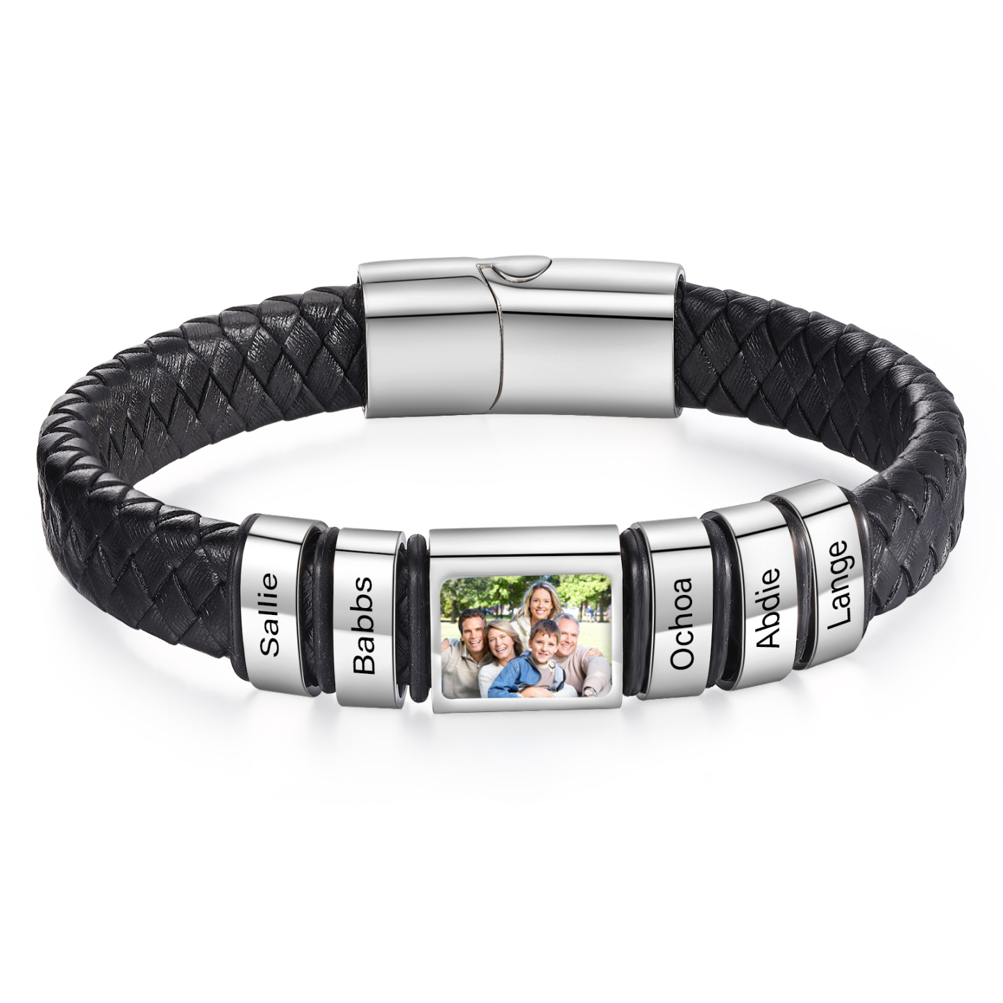 Herren Schmuck – Personalisiertes 1 Foto & 5 Namen Leder Armband – Ein