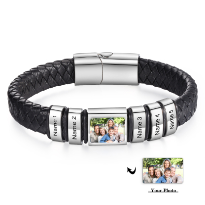 Herren Schmuck – Personalisiertes 1 Foto & 5 Namen Leder Armband – Einzigartiges Geschenk