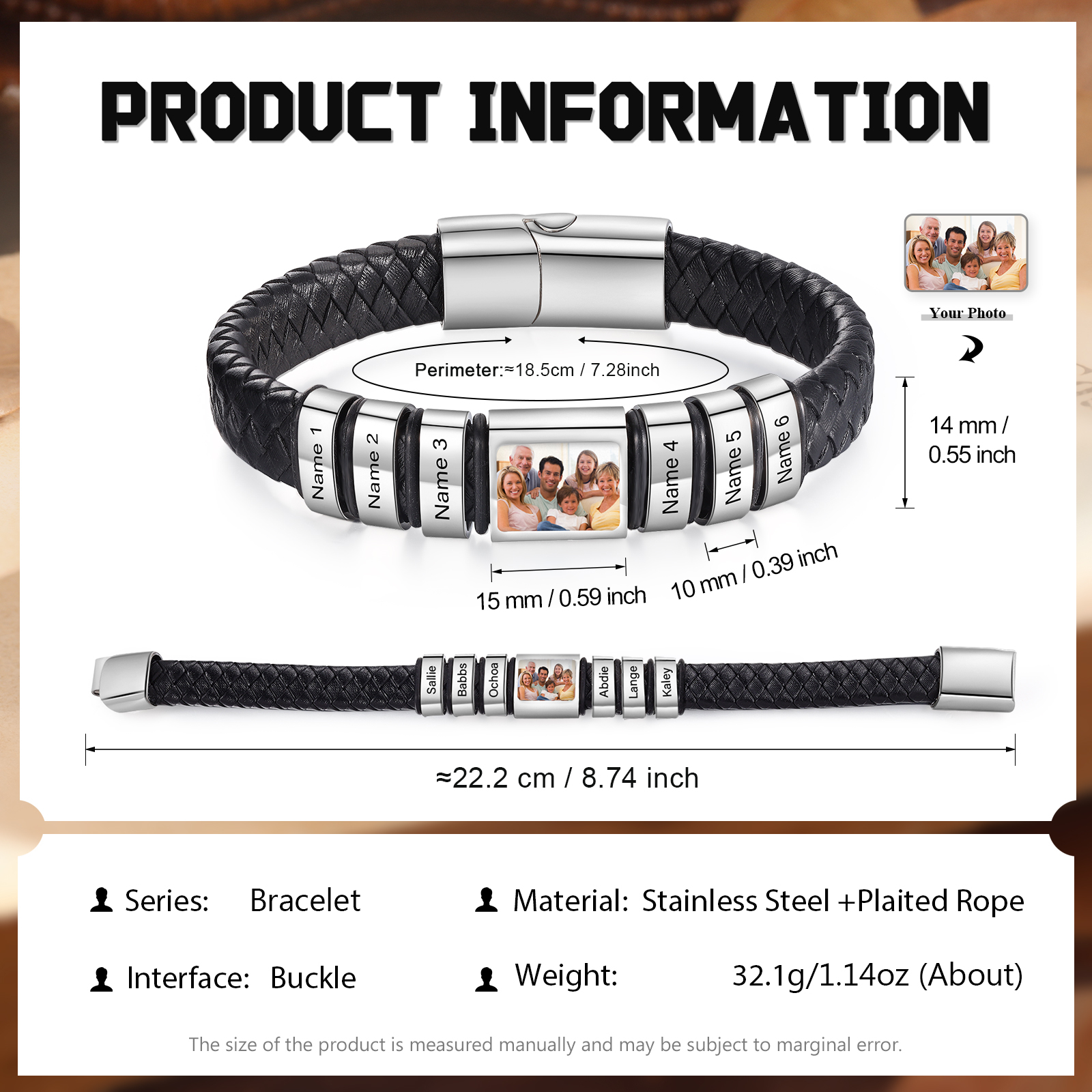 Herren Schmuck – Personalisiertes 1 Foto & 6 Namen Leder Armband – Einzigartiges Geschenk