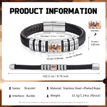 Herren Schmuck – Personalisiertes 1 Foto & 6 Namen Leder Armband – Einzigartiges Geschenk