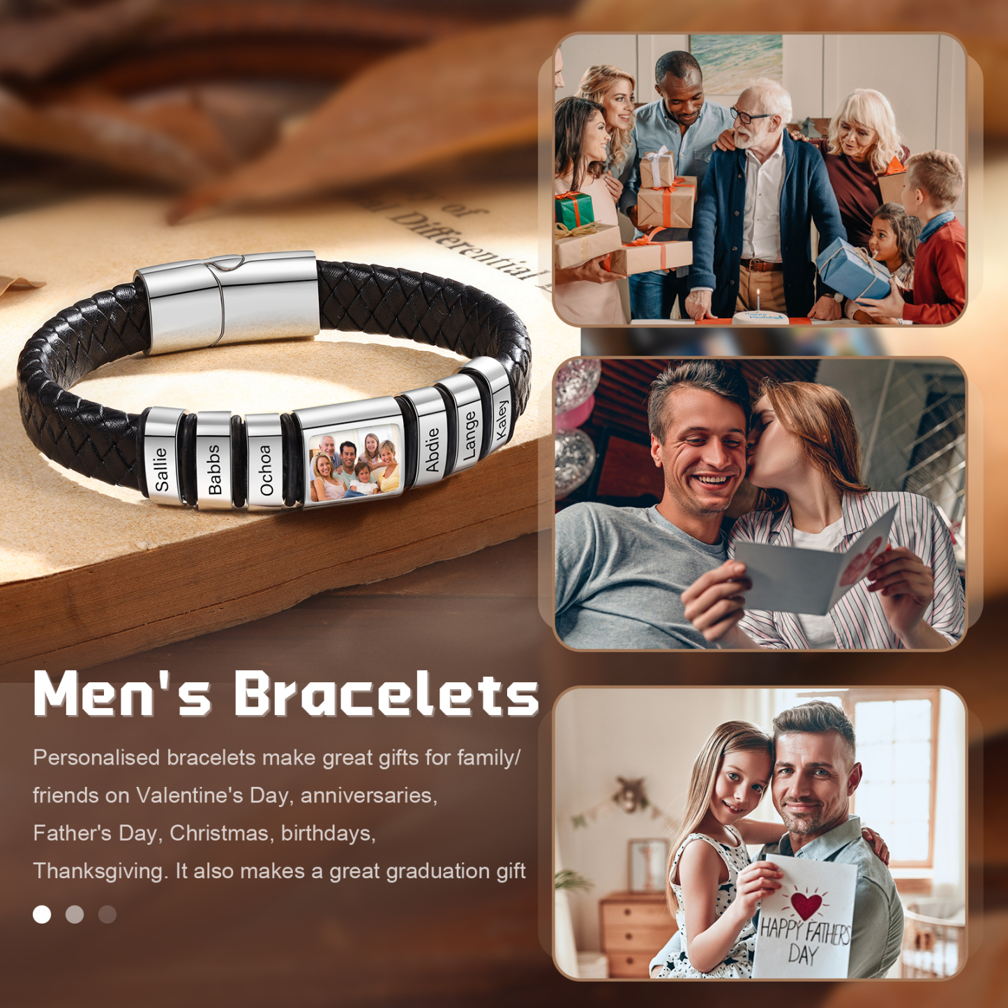 Herren Schmuck – Personalisiertes 1 Foto & 6 Namen Leder Armband – Einzigartiges Geschenk