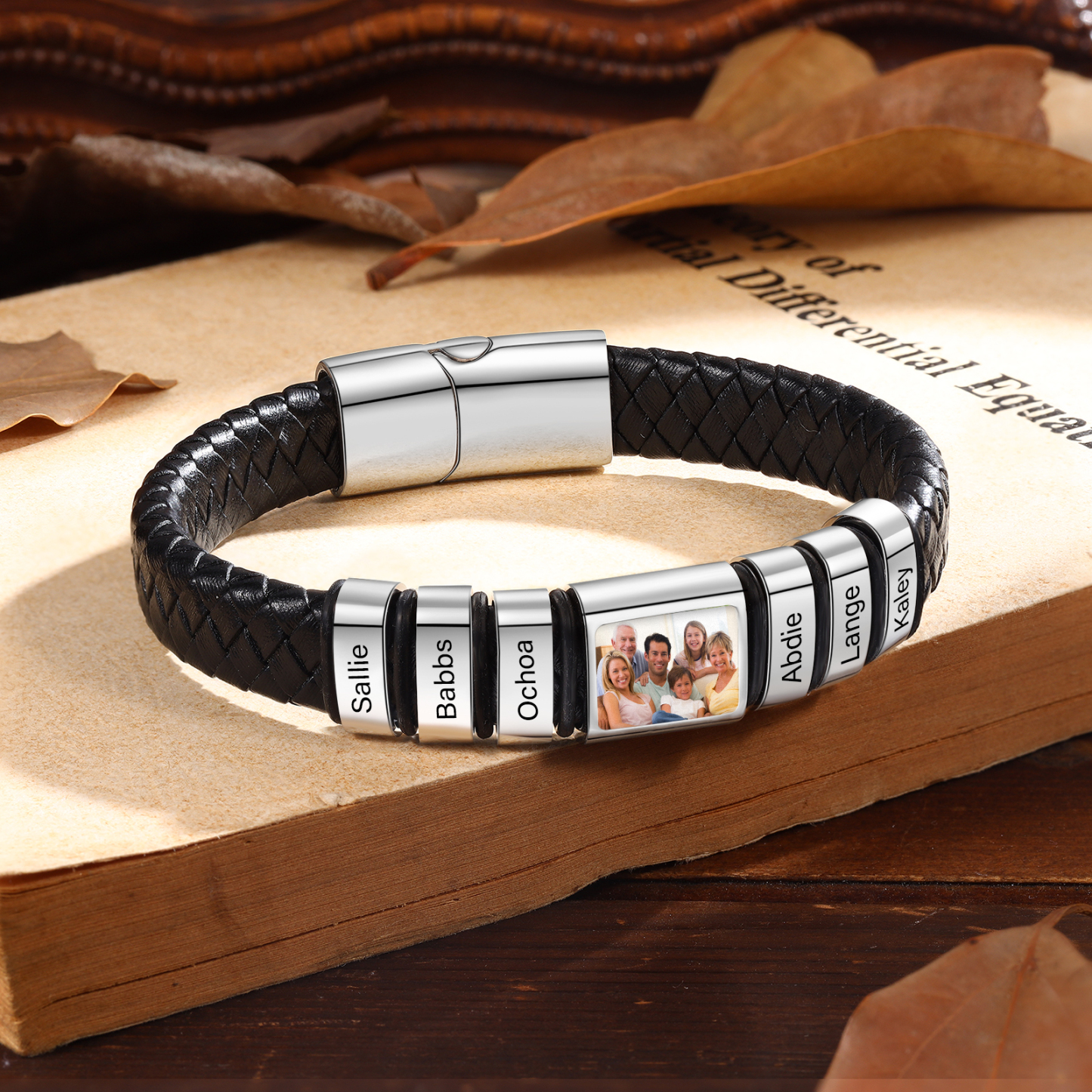 Herren Schmuck – Personalisiertes 1 Foto & 6 Namen Leder Armband – Einzigartiges Geschenk