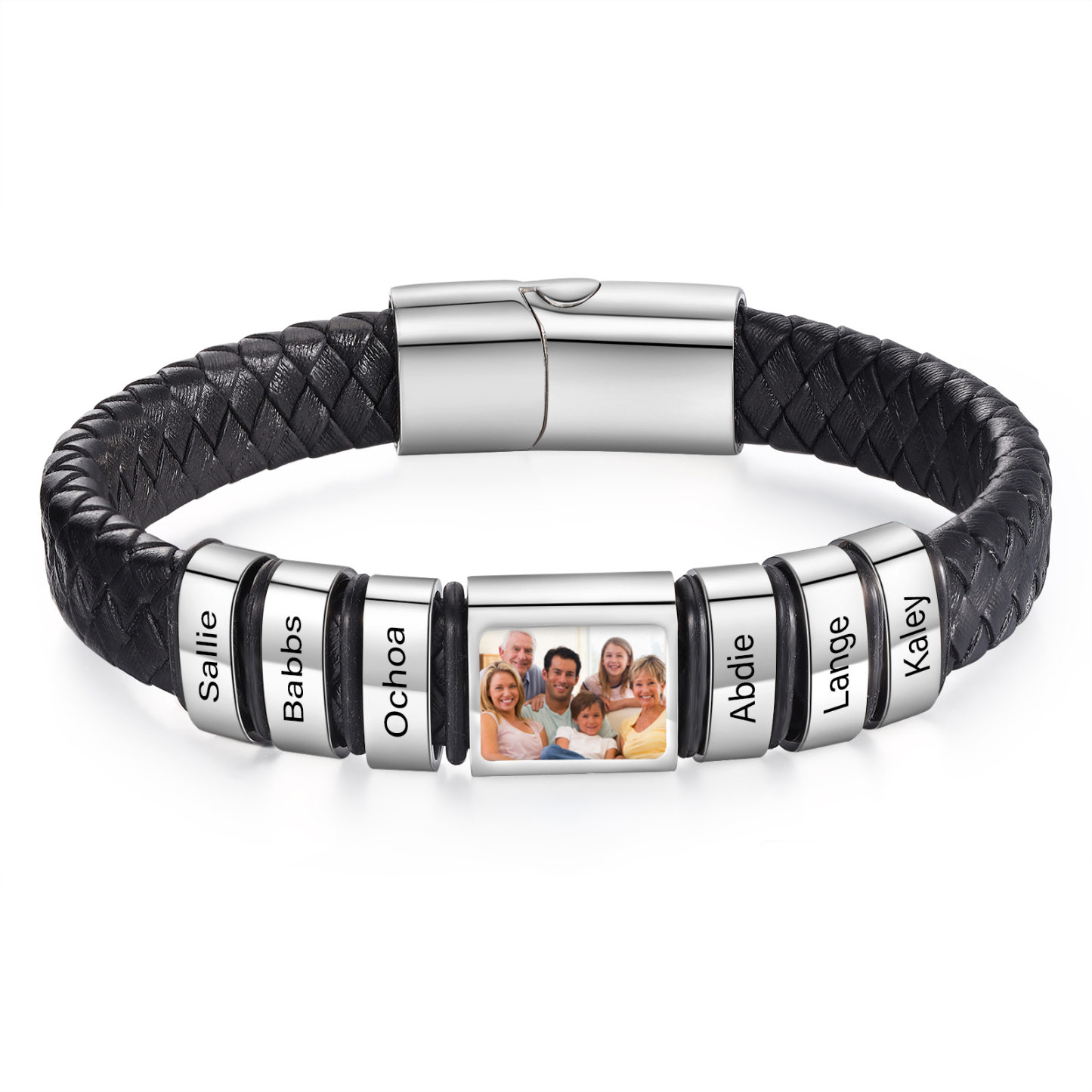 Herren Schmuck – Personalisiertes 1 Foto & 6 Namen Leder Armband – Ein