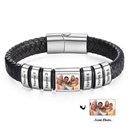 Herren Schmuck – Personalisiertes 1 Foto & 6 Namen Leder Armband – Einzigartiges Geschenk
