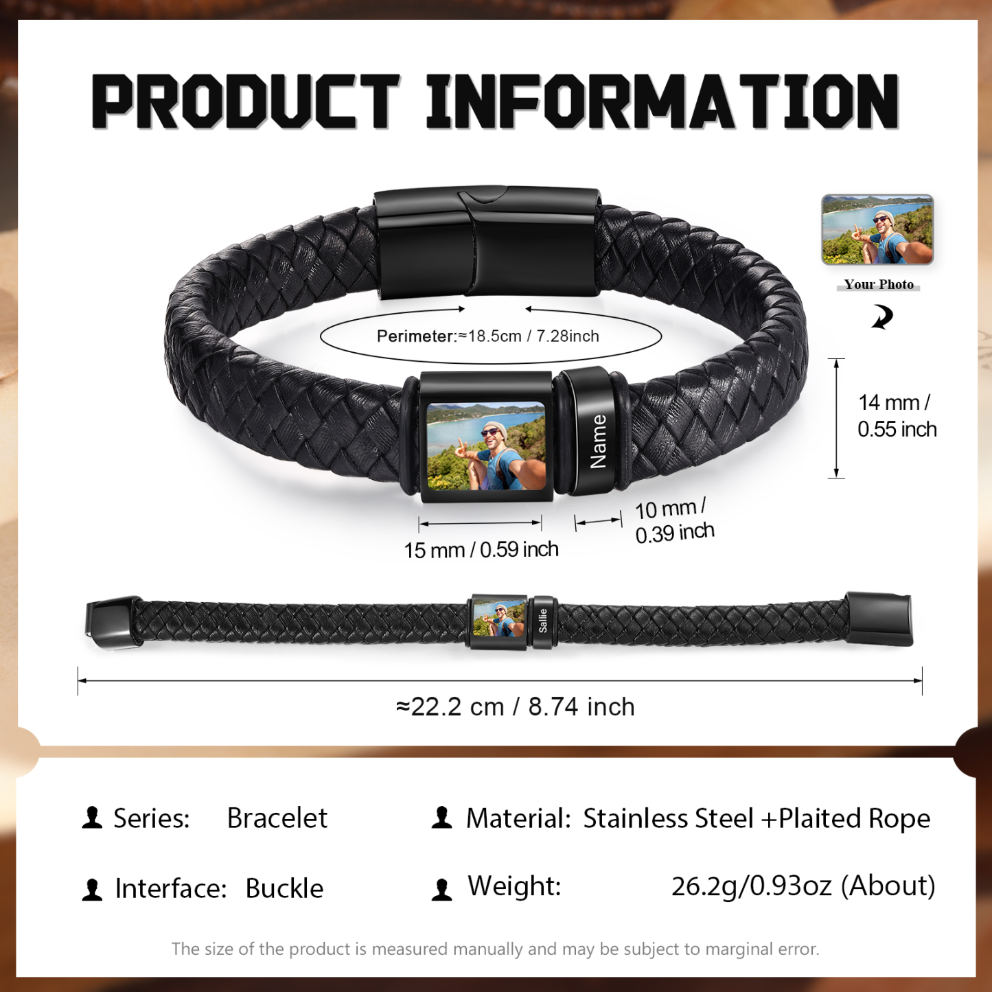 Herren Schmuck – Personalisiertes 1 Foto & 1 Name Leder Armband – Einzigartiges Geschenk