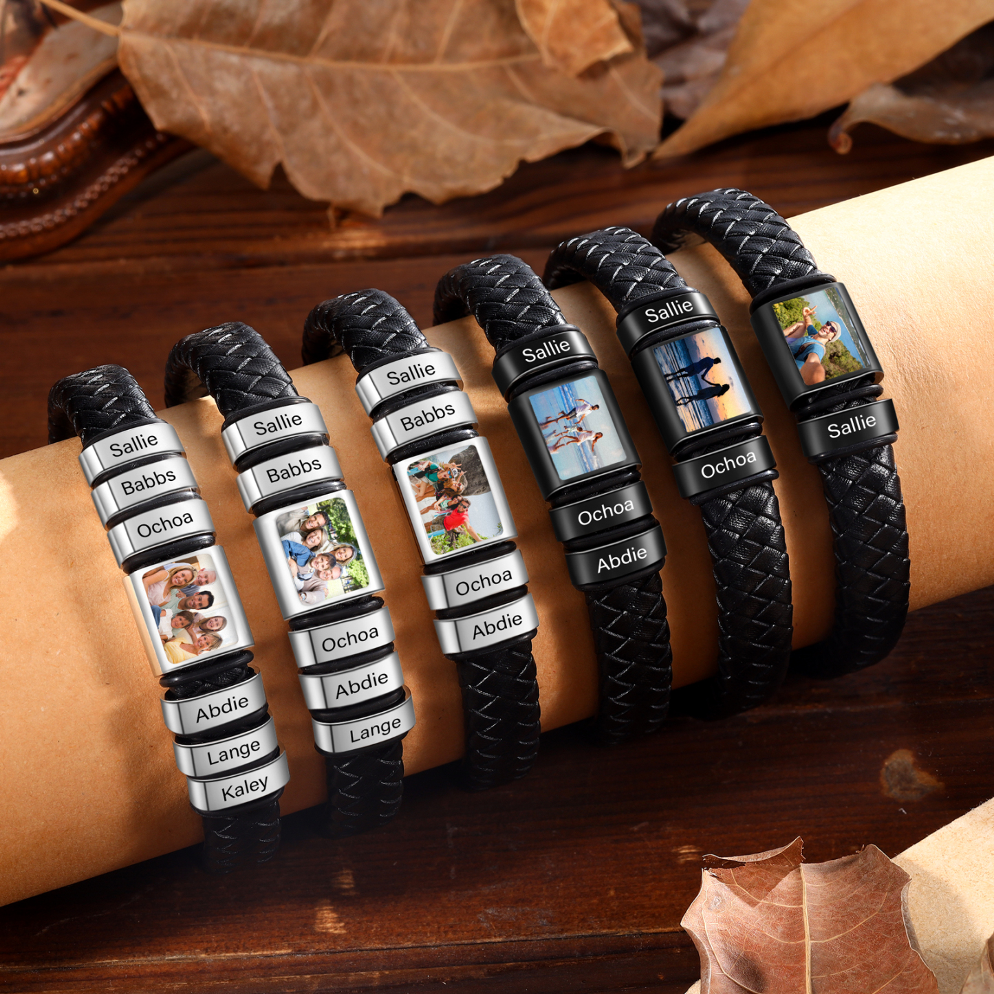 Herren Schmuck – Personalisiertes 1 Foto & 6 Namen Leder Armband – Einzigartiges Geschenk