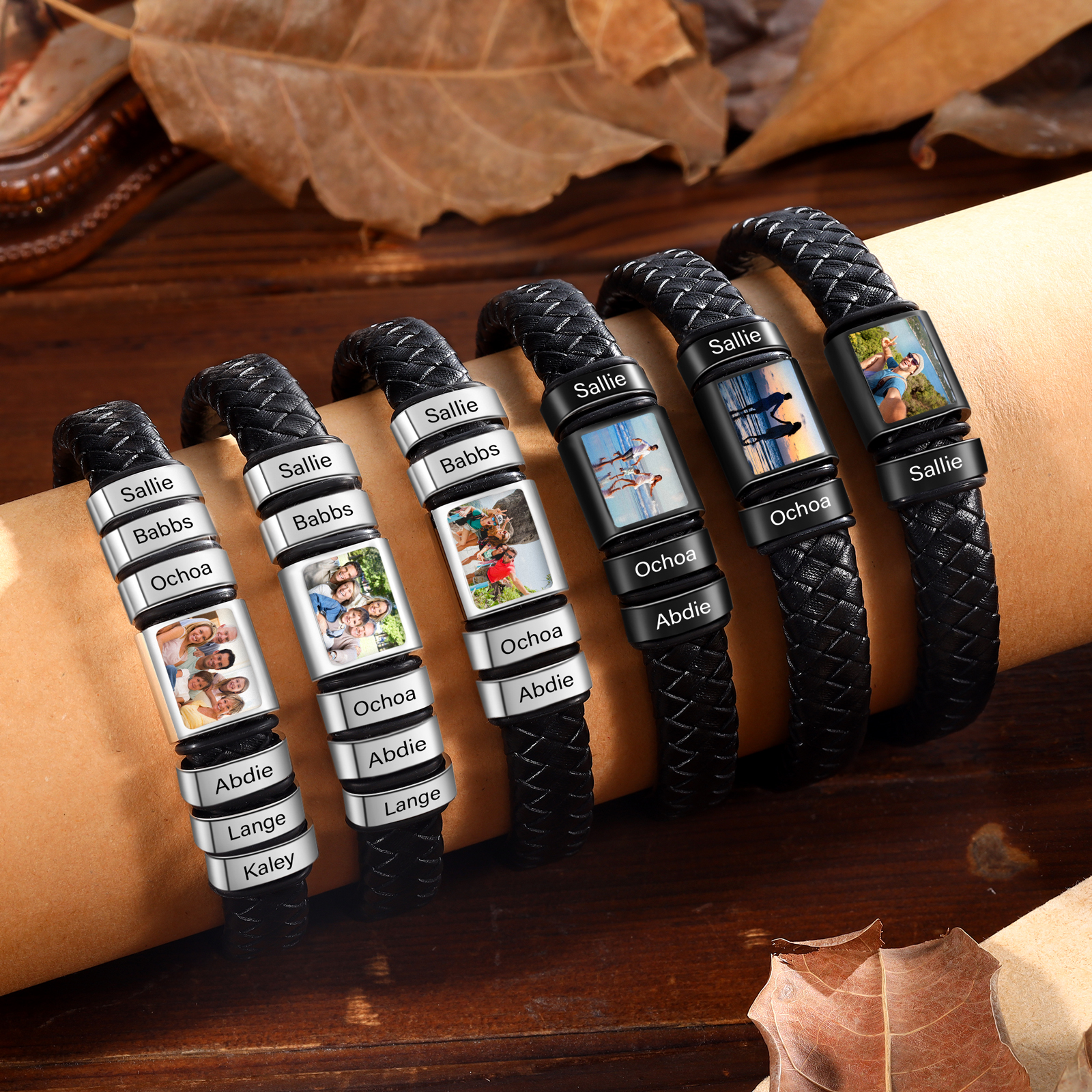 Herren Schmuck – Personalisiertes 1 Foto & 6 Namen Leder Armband – Einzigartiges Geschenk