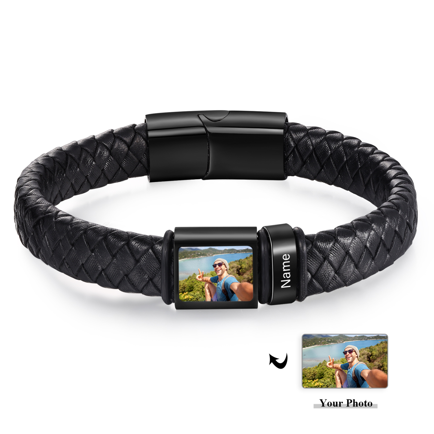 Herren Schmuck – Personalisiertes 1 Foto & 1 Name Leder Armband – Einzigartiges Geschenk