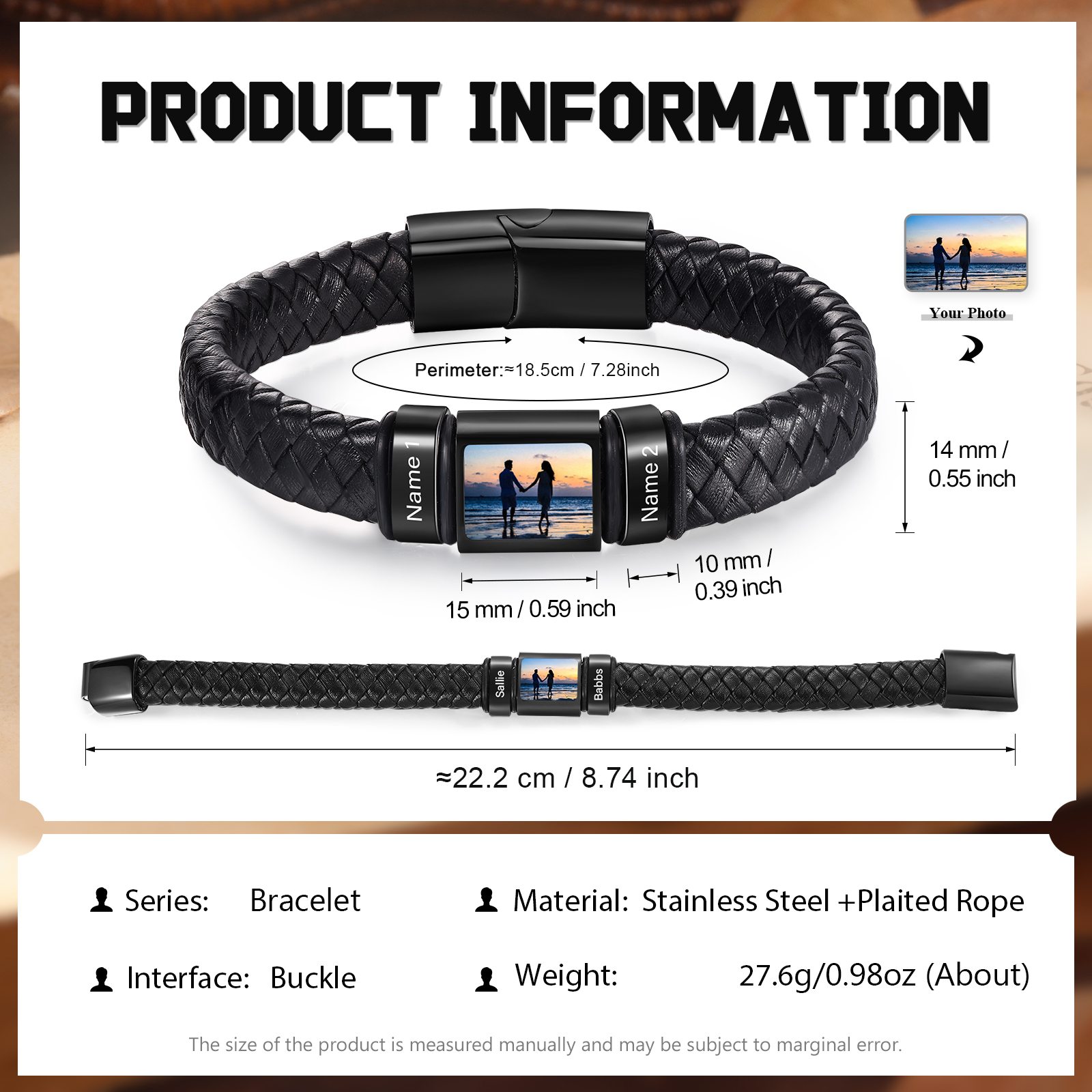 Herren Schmuck – Personalisiertes 1 Foto & 2 Namen Leder Armband – Einzigartiges Geschenk