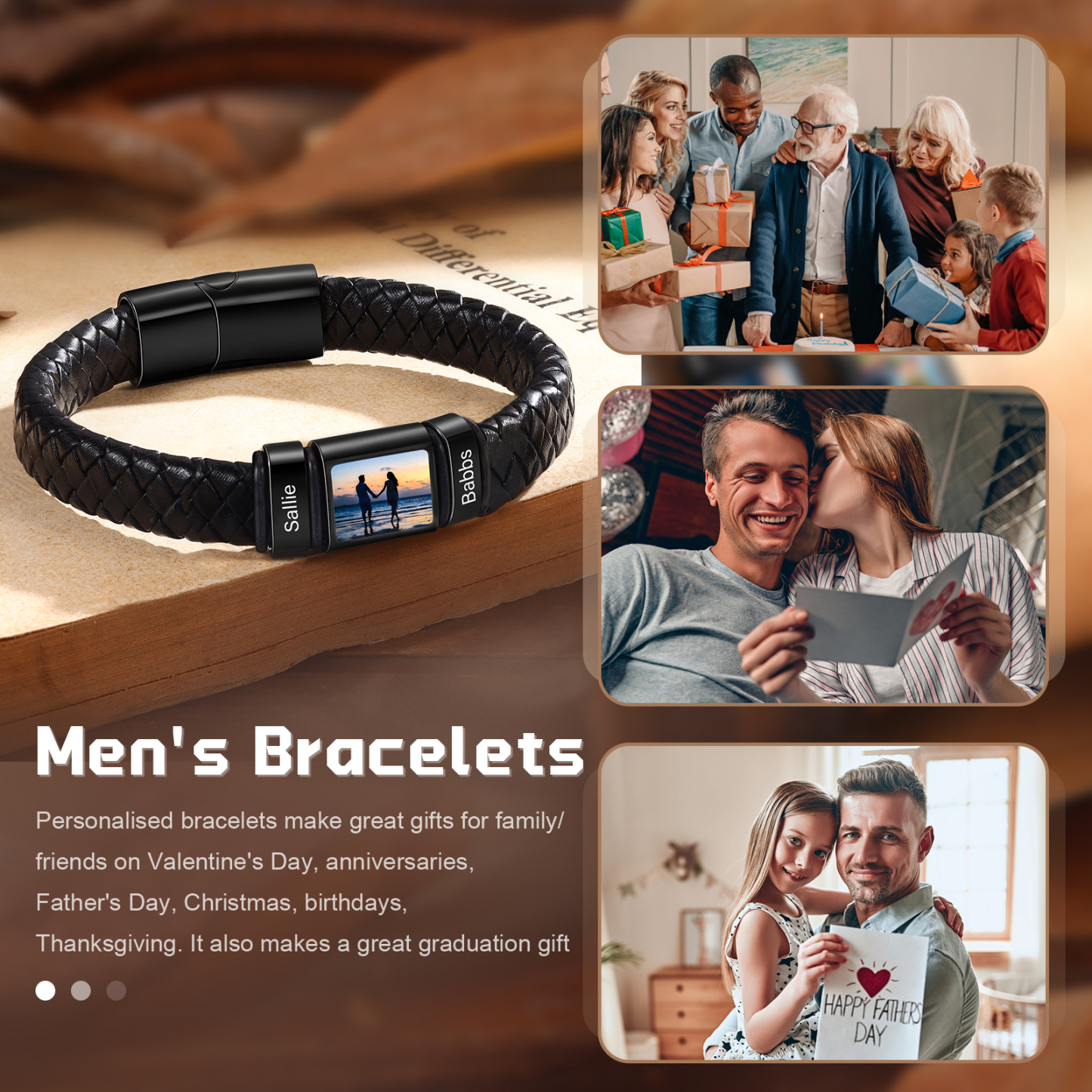 Herren Schmuck – Personalisiertes 1 Foto & 2 Namen Leder Armband – Einzigartiges Geschenk