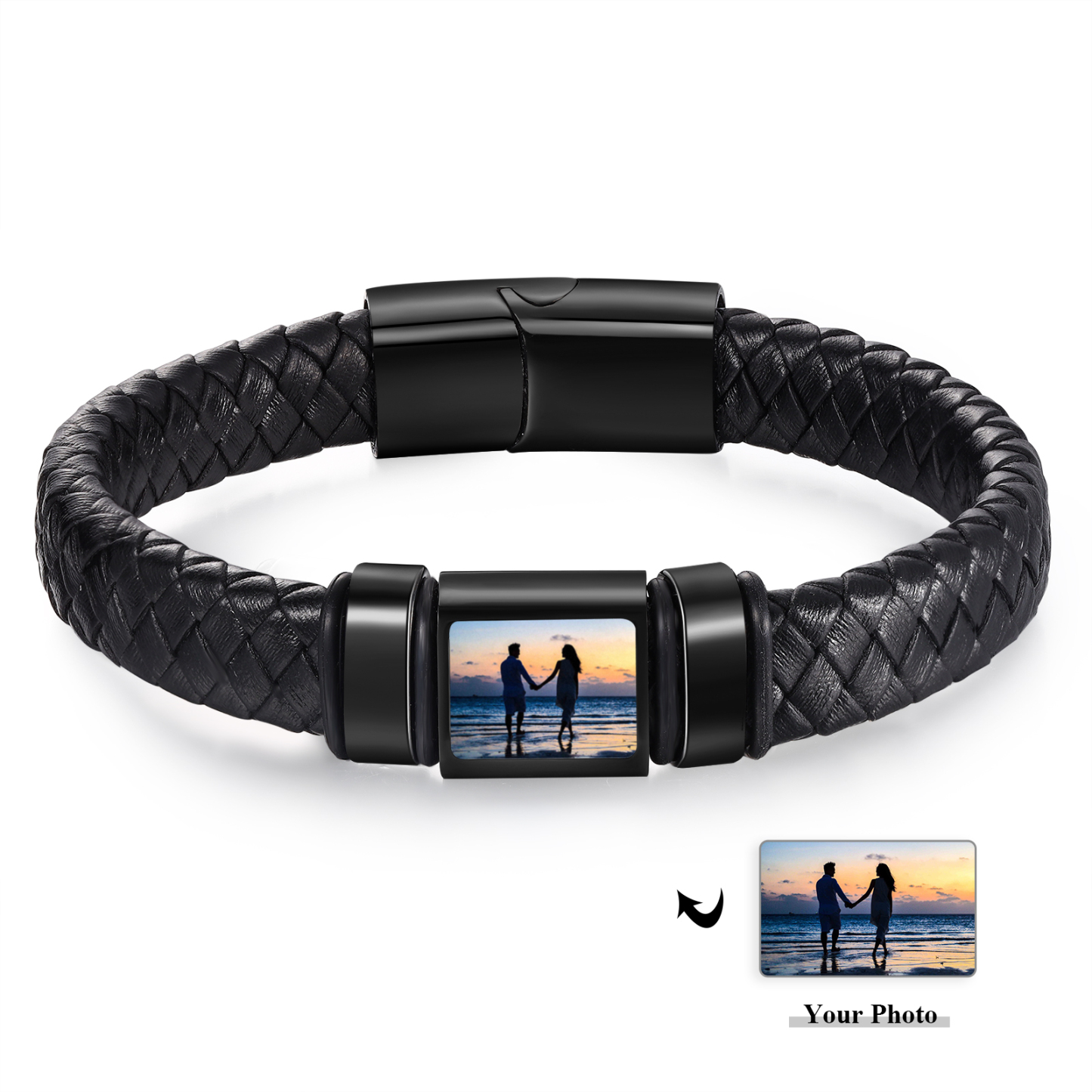 Herren Schmuck – Personalisiertes 1 Foto & 2 Namen Leder Armband – Einzigartiges Geschenk
