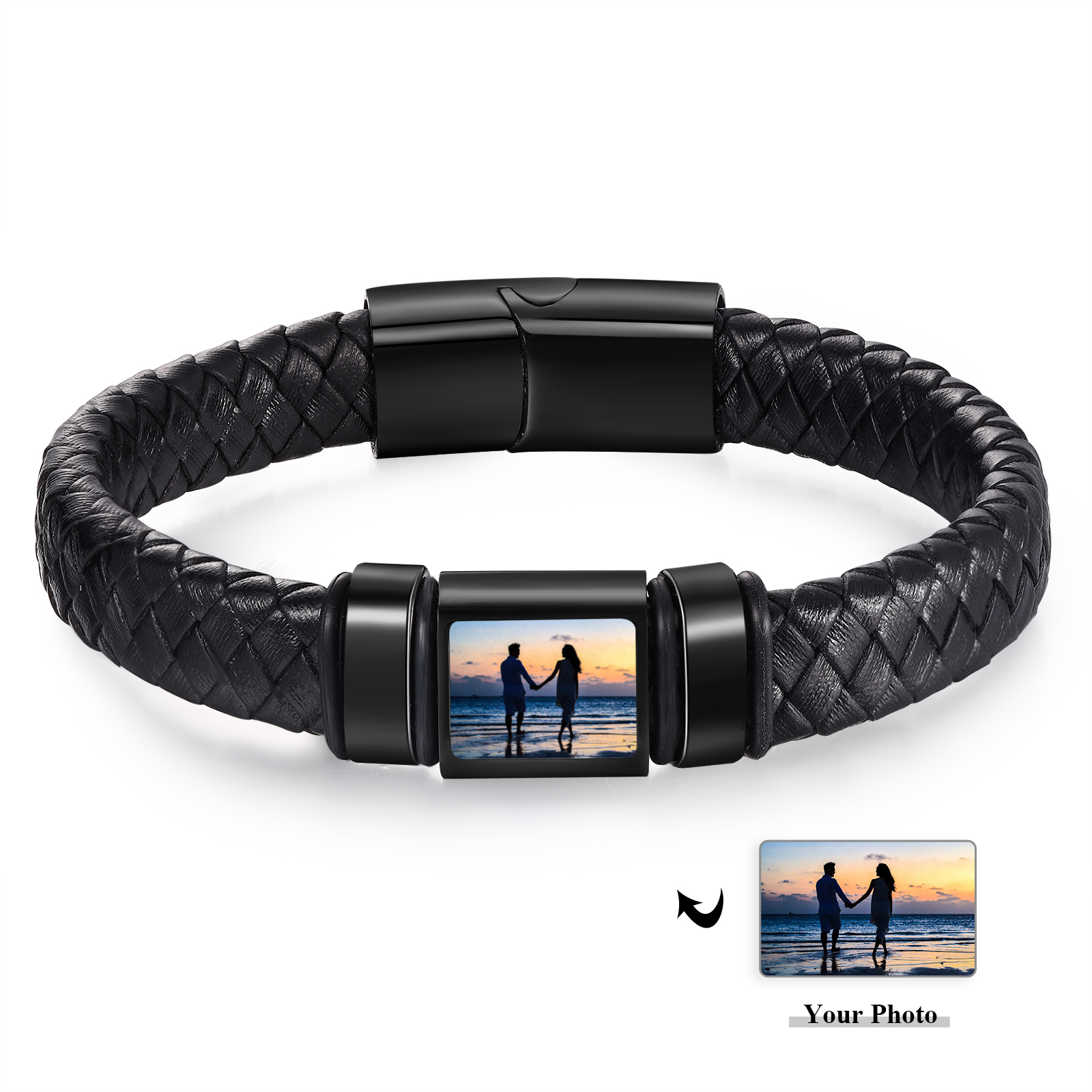Herren Schmuck – Personalisiertes 1 Foto & 2 Namen Leder Armband – Einzigartiges Geschenk