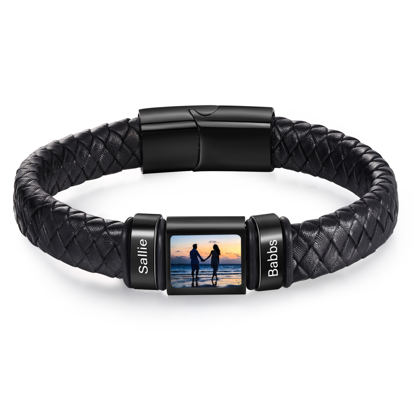 Herren Schmuck – Personalisiertes 1 Foto & 2 Namen Leder Armband – Einzigartiges Geschenk